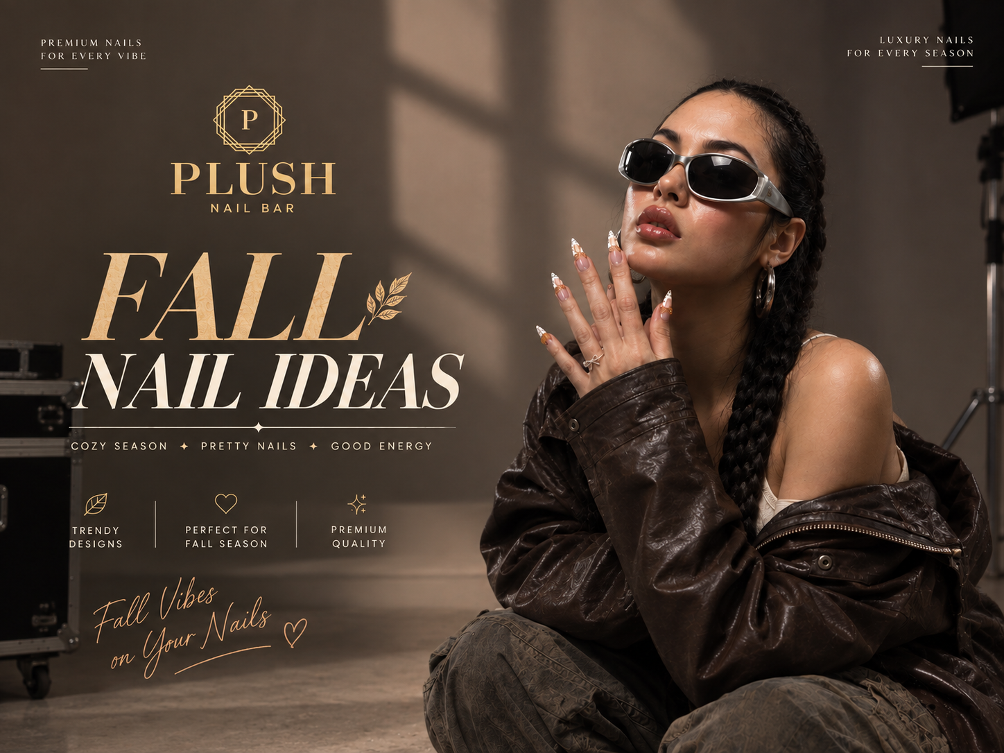 Plush Nail Bar fall nail ideas promo banner featuring stylish woman with trendy autumn manicure