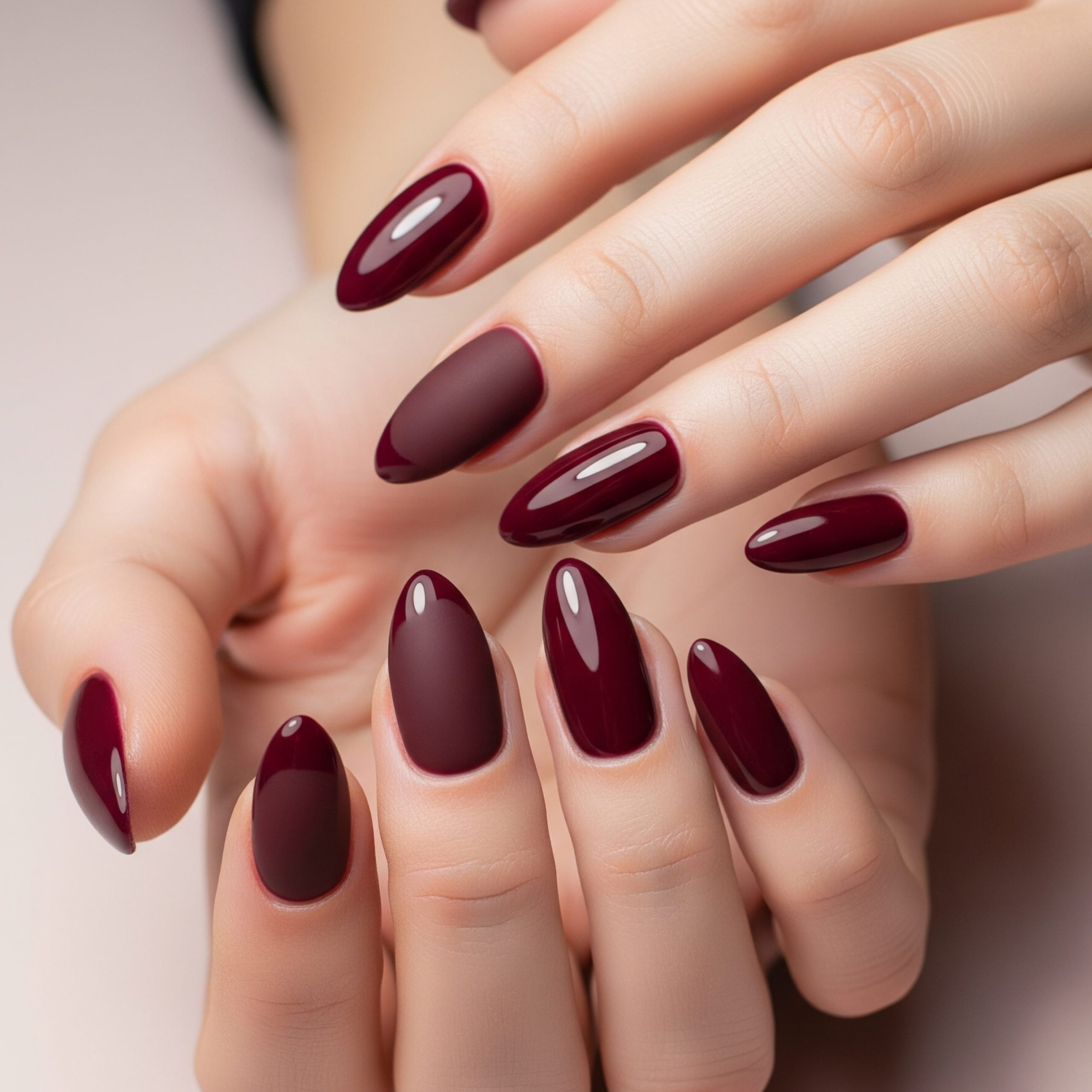5 Homecoming Nail Ideas 2025 – Fresh, Fun & Fabulous Styles to Try 4 Elegant burgundy homecoming nails with glossy and matte finish, perfect for pairing with dark or wine-colored dresses.