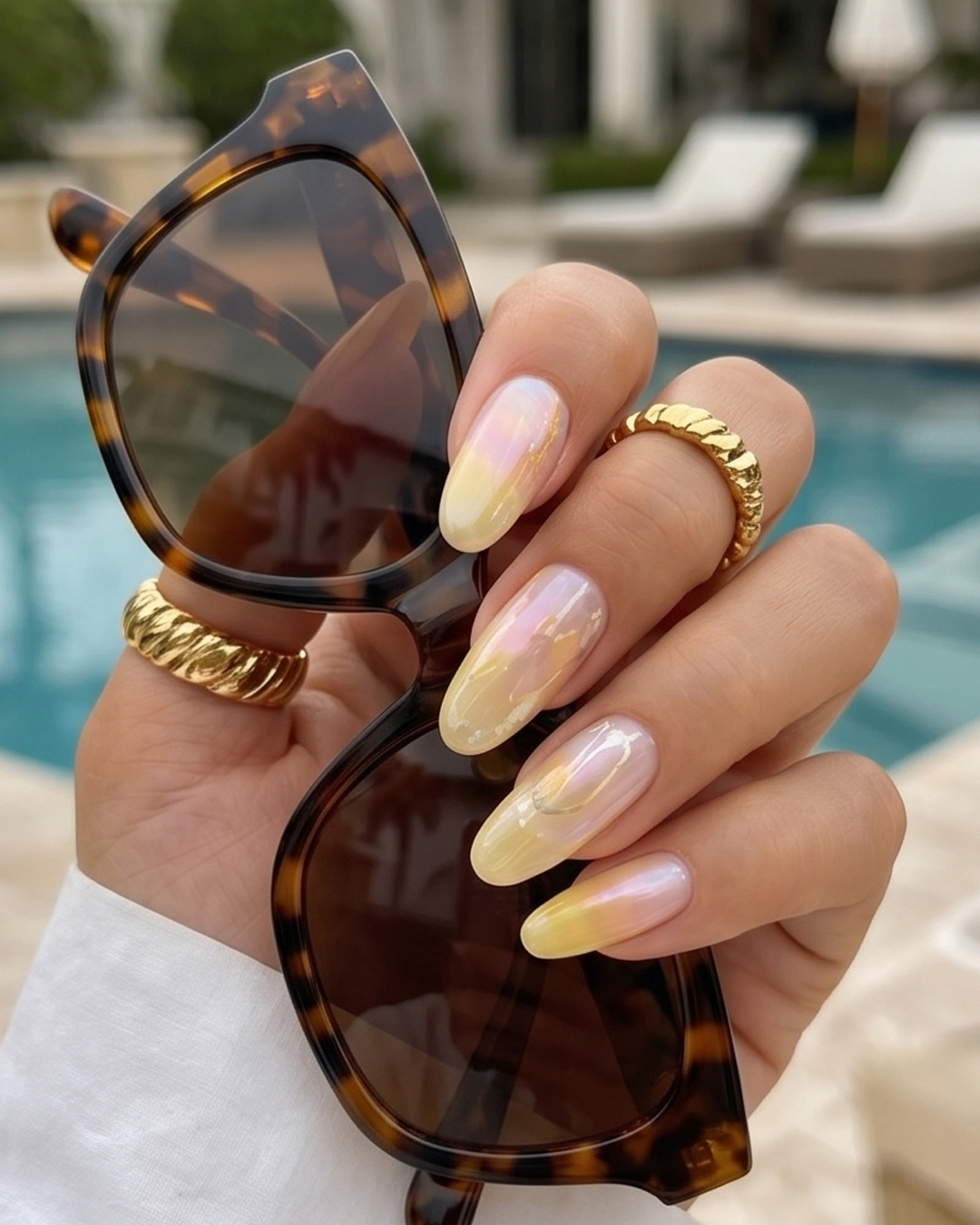 Butter yellow chrome nails with a soft yellow ombré effect and glazed pearlescent finish on almond-shaped nails. This elegant chrome manicure combines buttery yellow tones with a glossy shine for a trendy summer nail look.