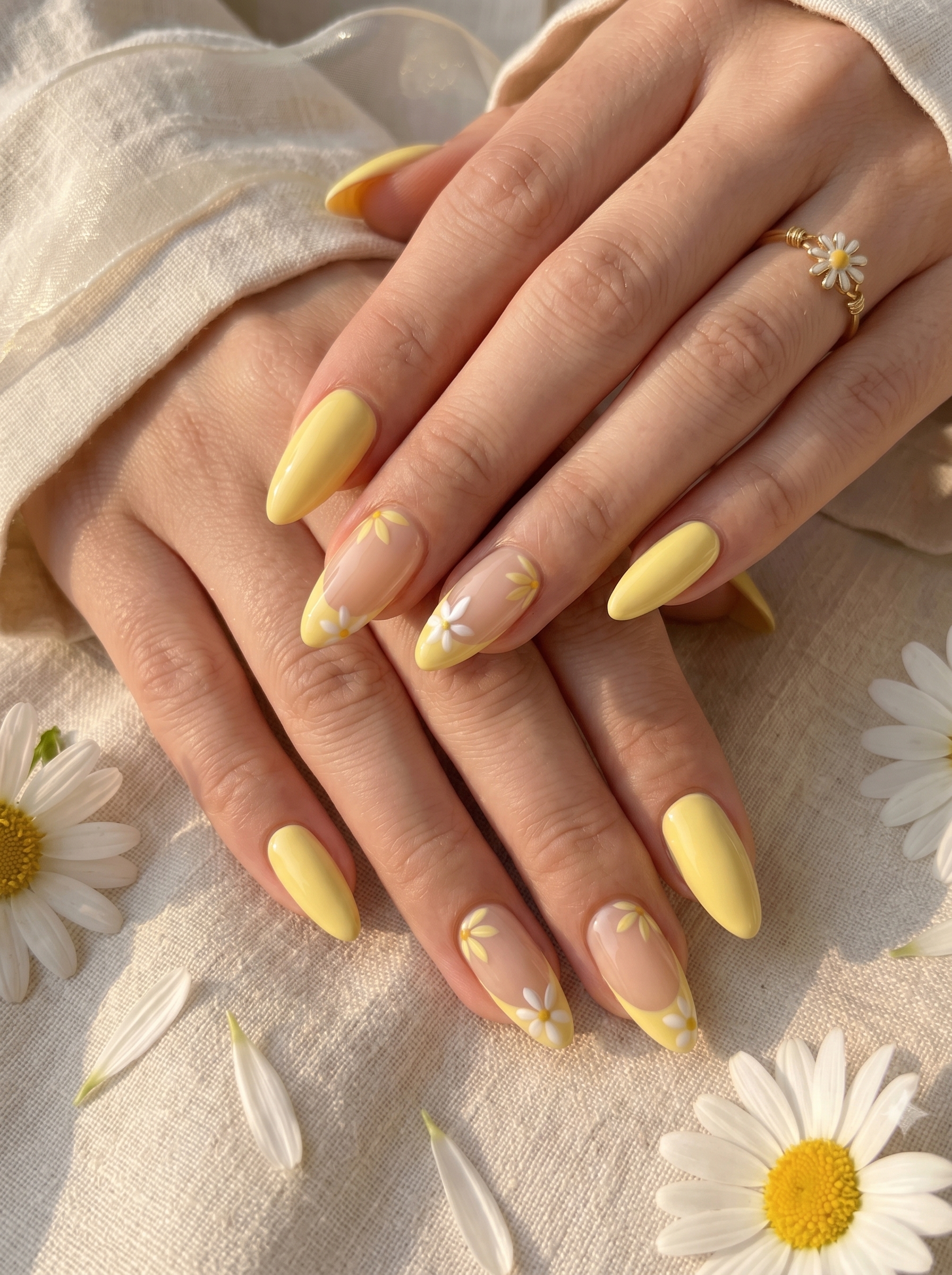 Butter yellow floral nails with white daisy accents and French tips on almond-shaped nails.