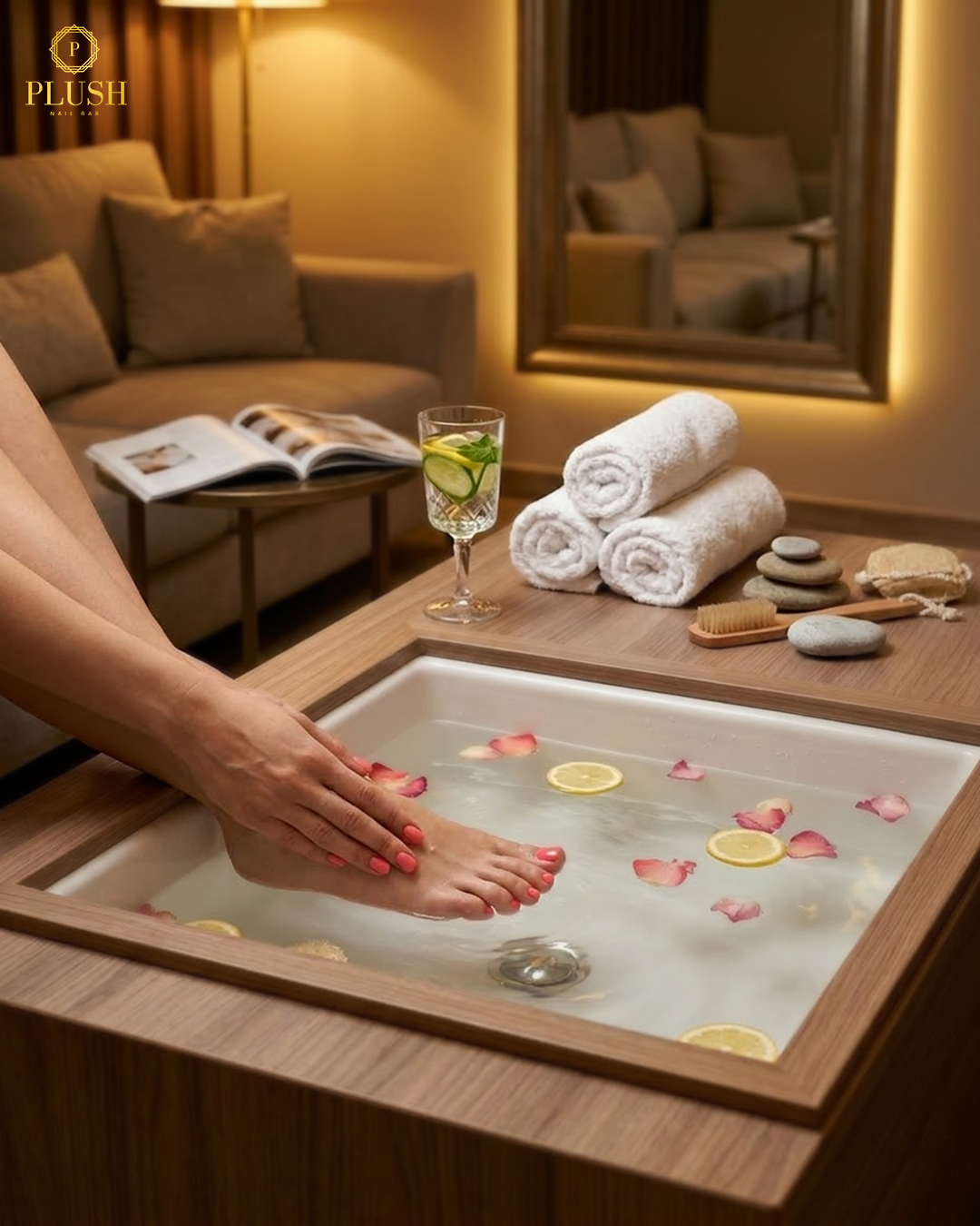 Luxury CBD pedicure foot bath with lemon slices at Plush Nail Bar
