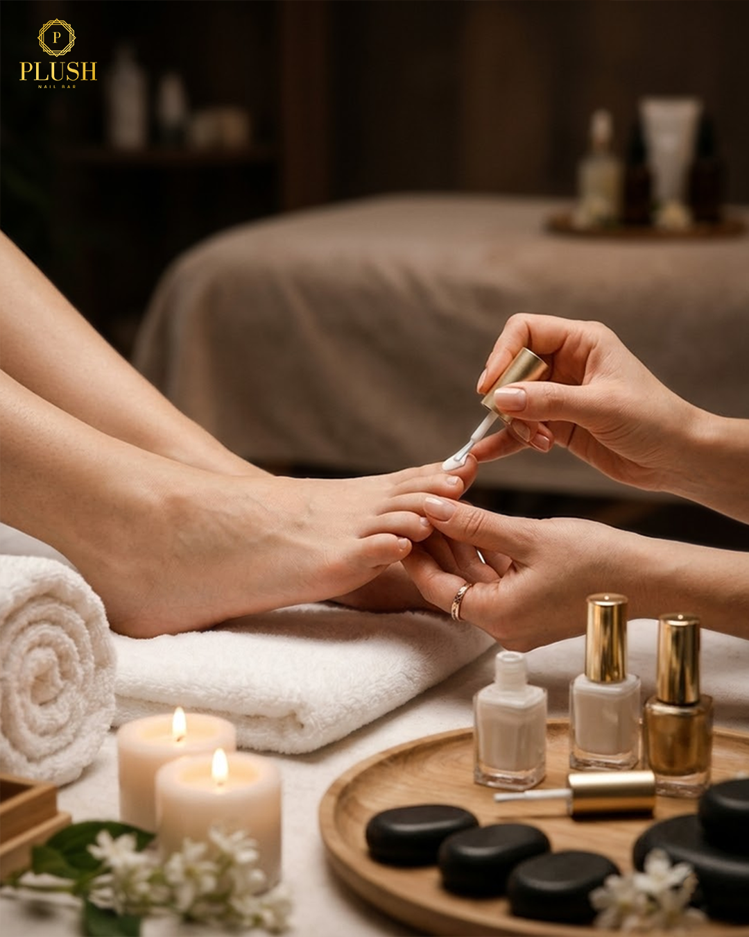 Professional CBD pedicure nail polish application at Plush Nail Bar spa