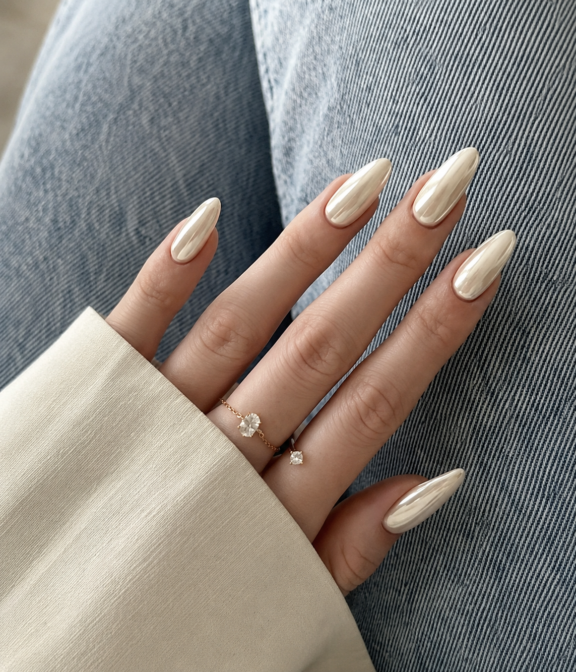 A soft pearl chrome finish transforms this neutral manicure into a luminous, high-fashion look inspired by the quiet luxury aesthetic.