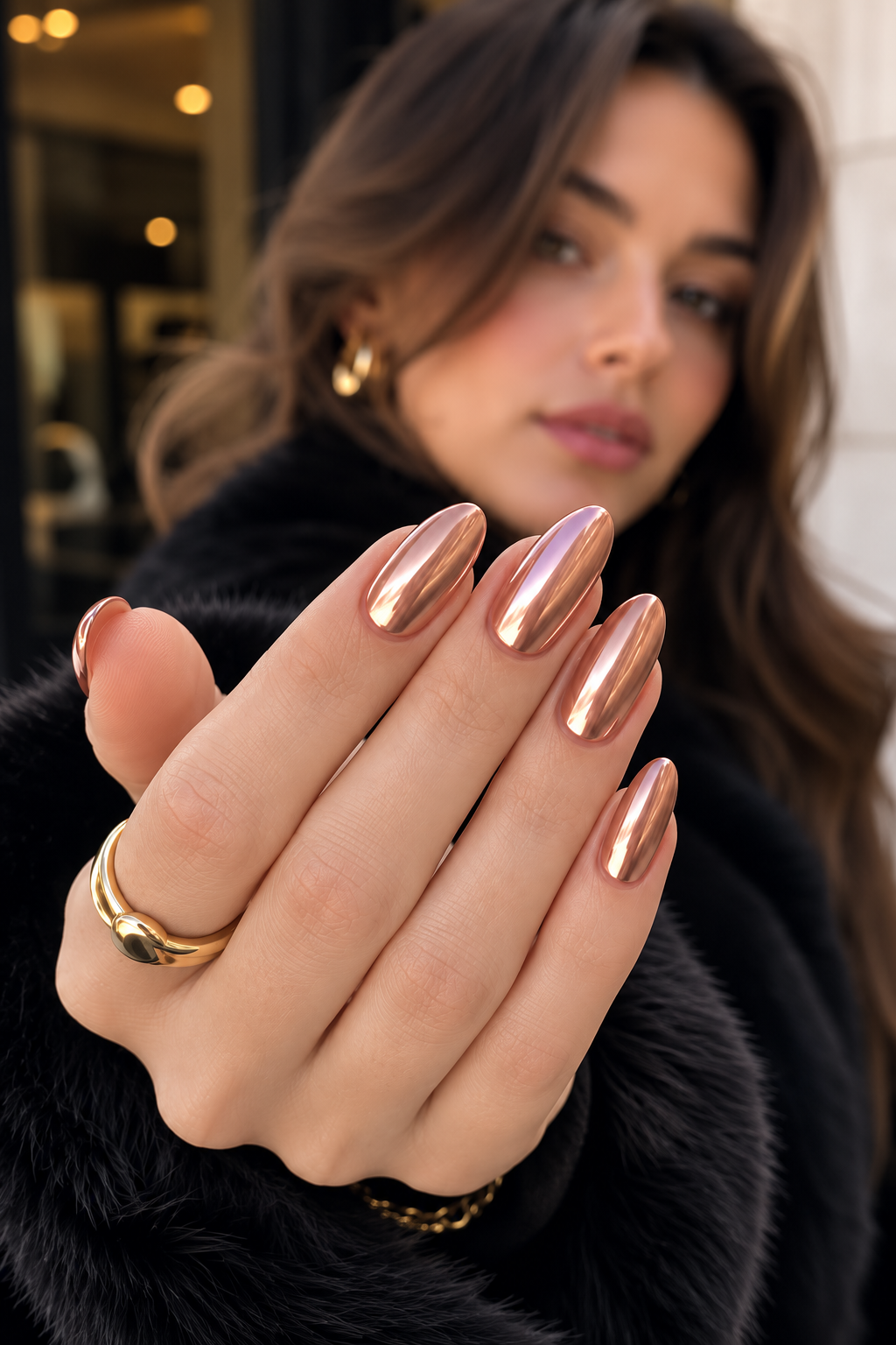 Rose Champagne Chrome Nails with a reflective mirror chrome finish on almond-shaped nails, perfect for a modern luxury and fashion-forward manicure.