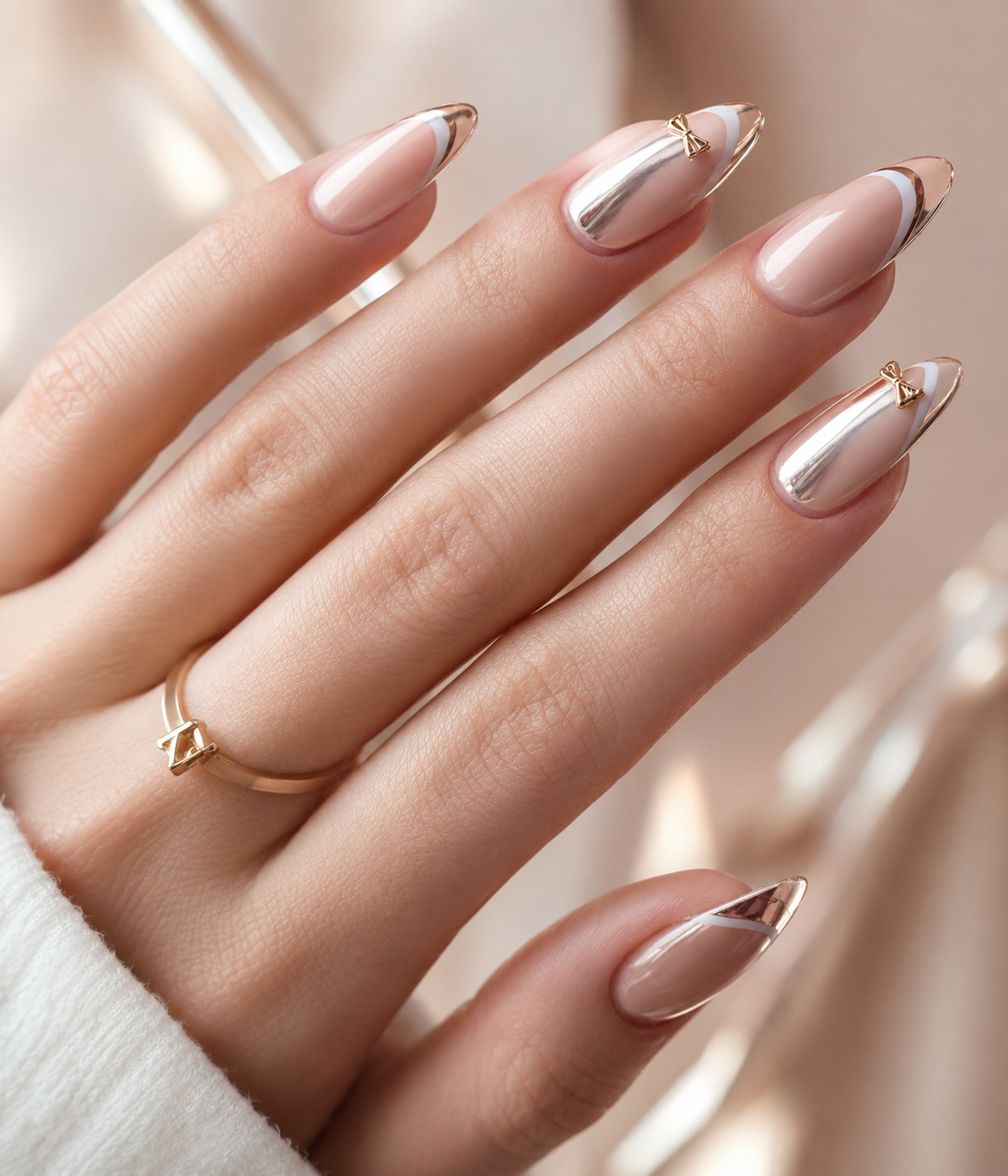 Champagne Chrome Nails featuring metallic French tips, silver chrome accents, and delicate gold bow details on elegant almond nails.