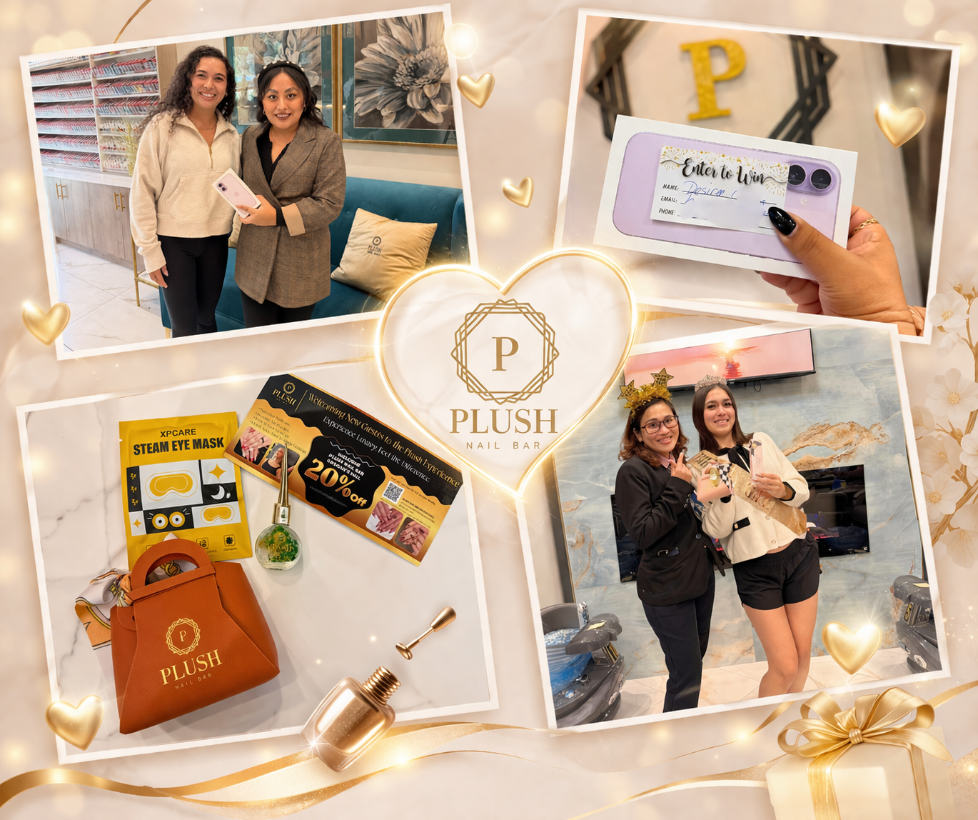 Customers enjoying giveaway prizes and beauty services at Plush Nail Bar in Grogan's Mill The Woodlands Texas