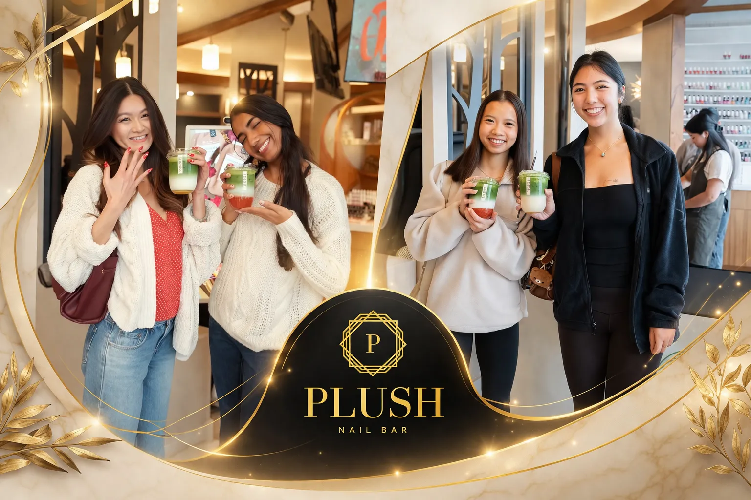 Nail Salon in Bellaire, Houston TX 2 Happy clients enjoying drinks at Nail salon in Bellaire - Plush Nail Bar luxury experience