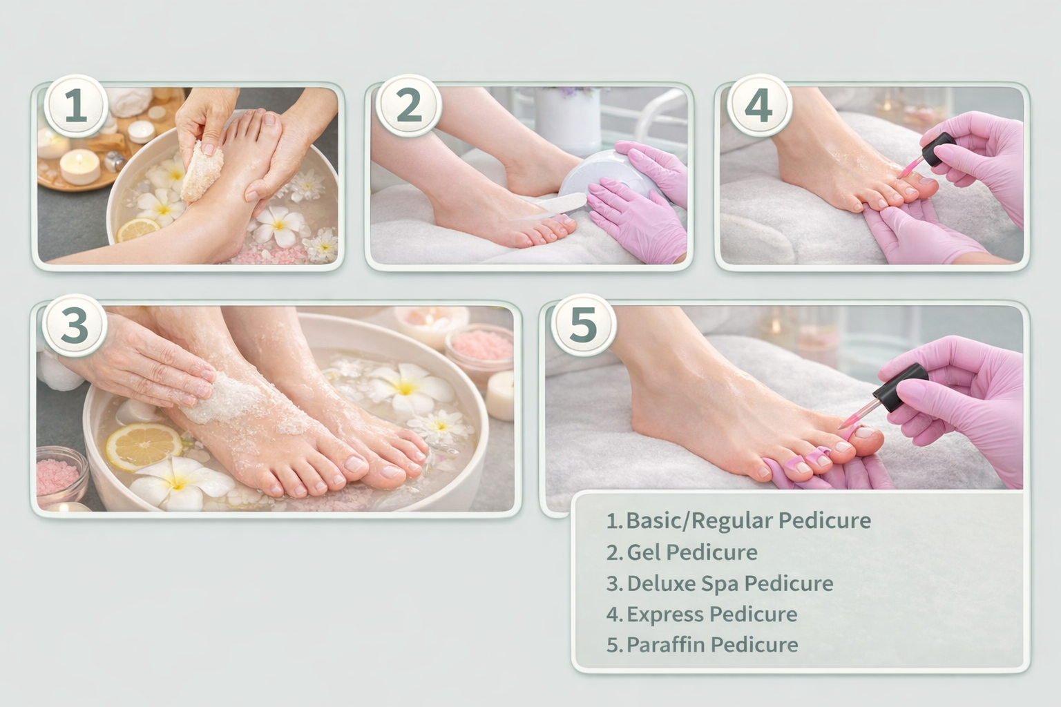Step-by-step organic pedicure Texas process including soak, exfoliation, nail care, and polish in spa setting