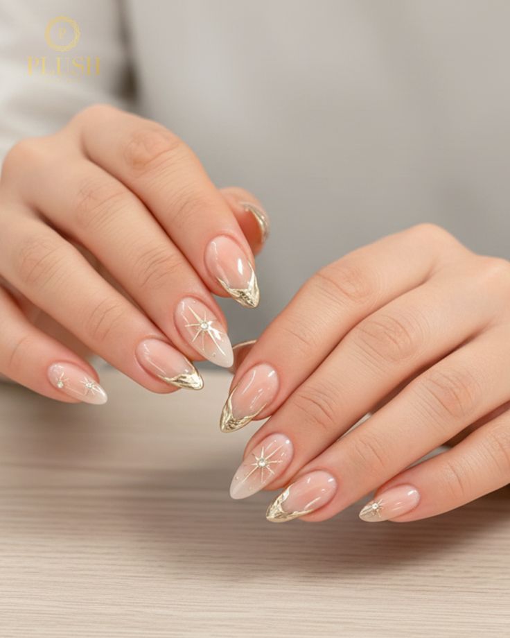 Top 9 Trending Nails at Plush Nail Bar You’ll Love Right Now 2 Chrome French tip nails with gold edges on nude base, luxury trending nails