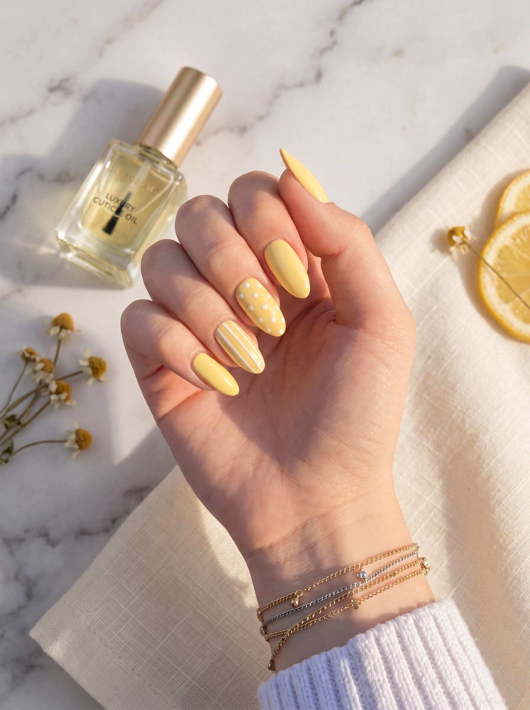 Butter yellow nails with white polka dots and striped accent nails in a glossy almond-shaped manicure.