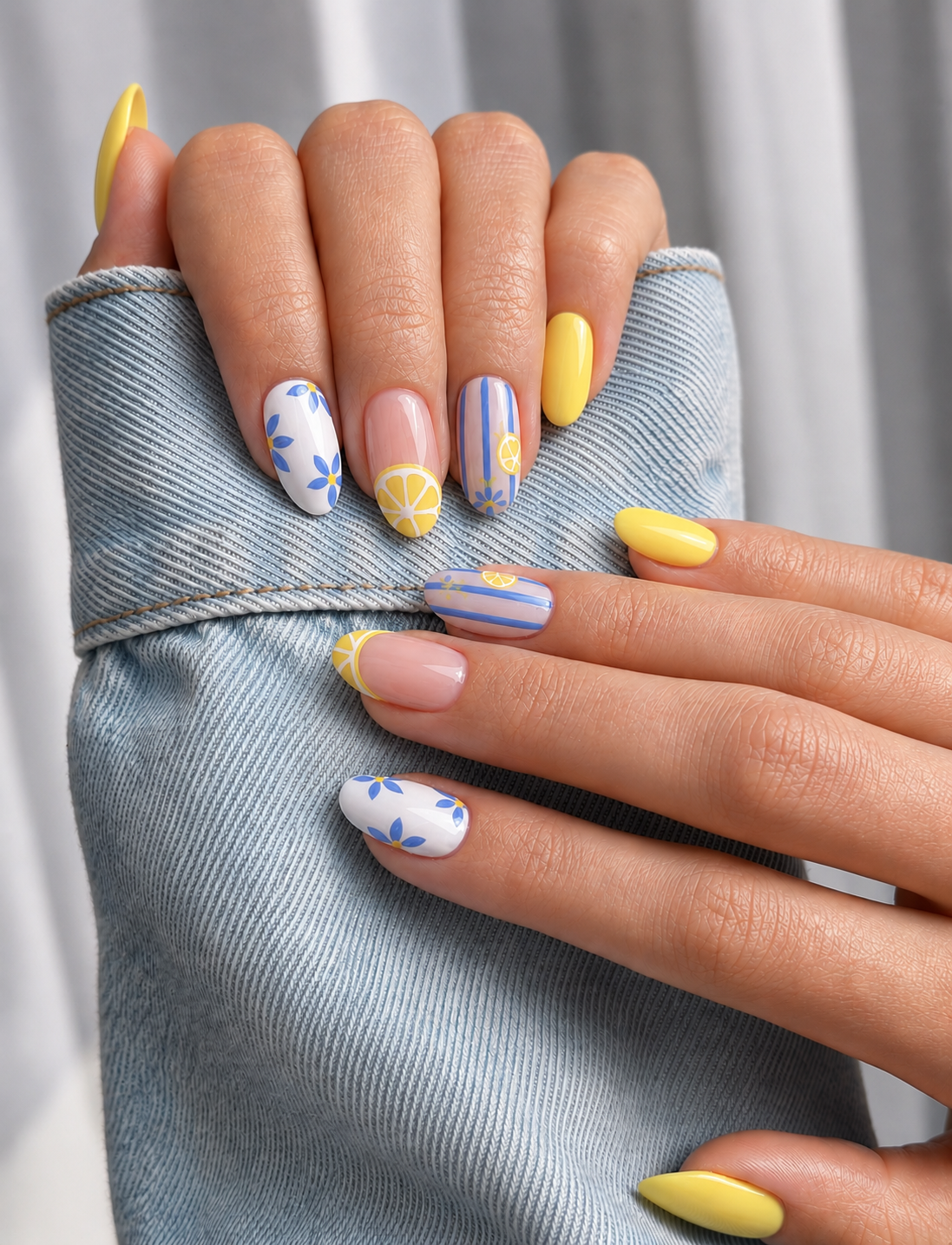 Modern Lemon Nails with blue floral designs, yellow accents, and citrus nail art at PLUSH NAIL BAR