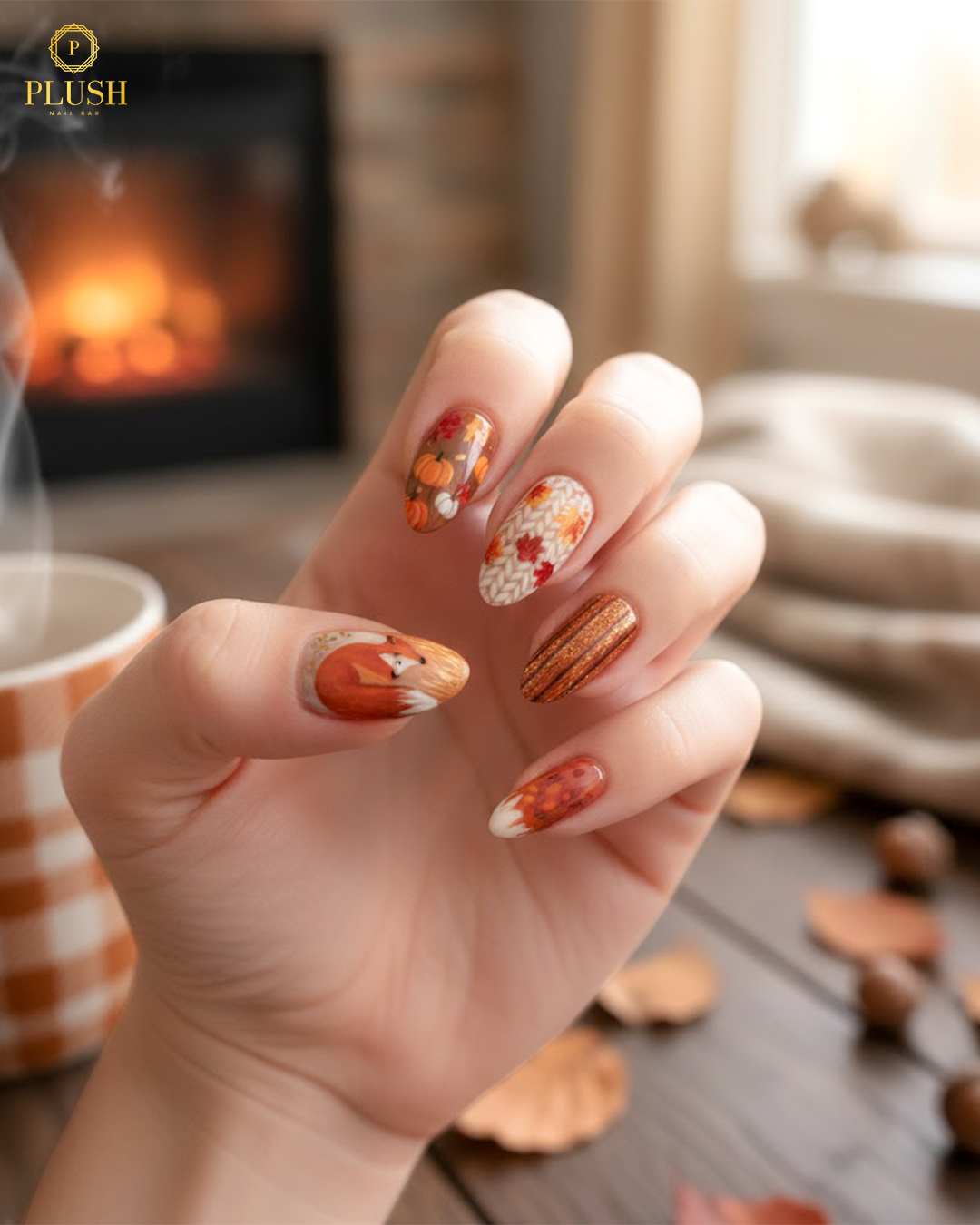 Cute Thanksgiving nail art with a fox, pumpkins, and fall leaves, set against a warm and festive background.
