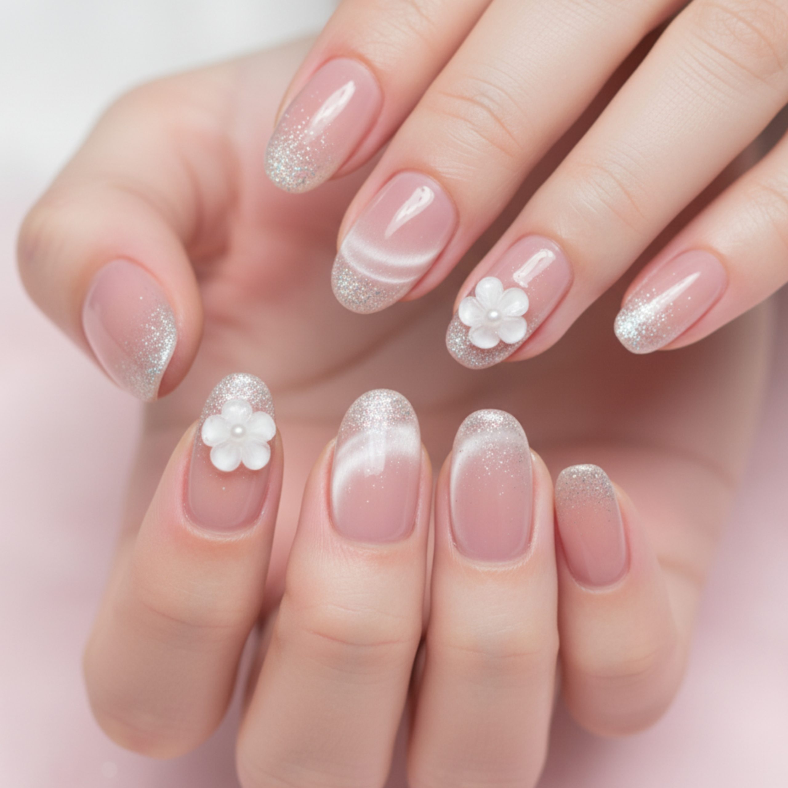 Simple homecoming nails with a natural nude base, subtle white swirl tips, and delicate 3D floral accents on almond-shaped nails
