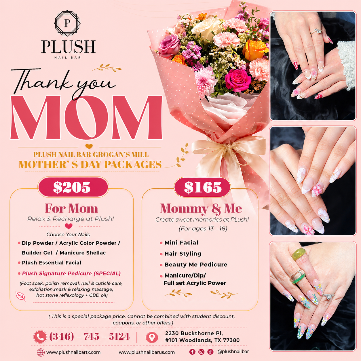 Mother’s Day Nail Packages at Plush Nail Bar Grogan’s Mill – A Gift Every Mom Deserves 💐 1 Mother’s Day Nail Packages
