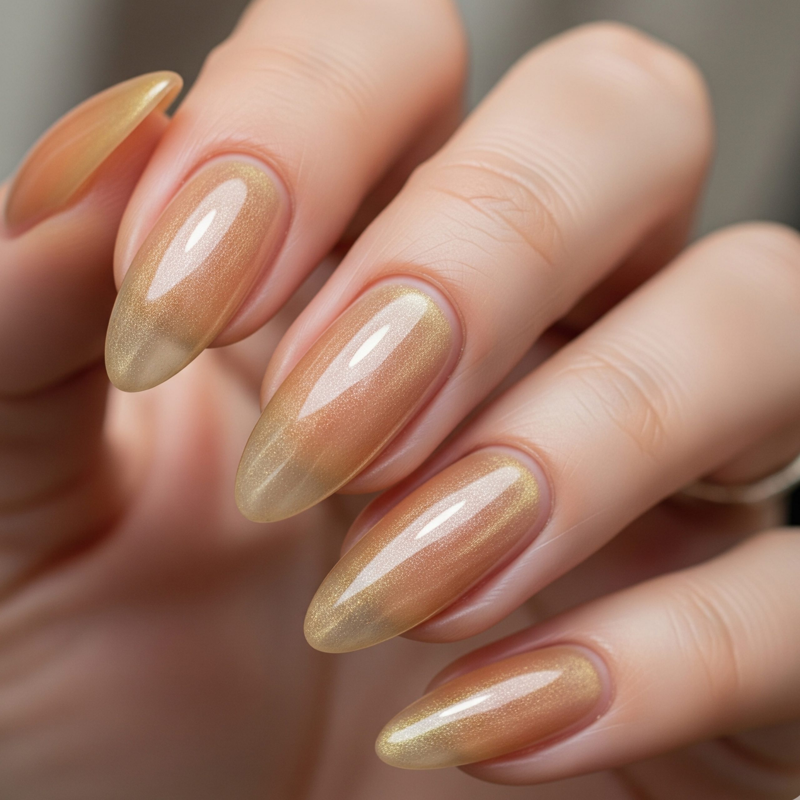 5 Homecoming Nail Ideas 2025 – Fresh, Fun & Fabulous Styles to Try 2 Warm-toned glazed donut nails in soft gold and caramel hues, giving a subtle and glowing fall-ready look.