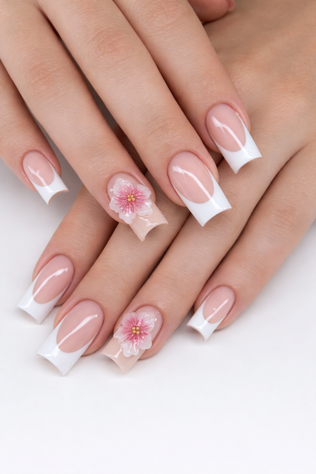 elegant wedding nails with white french tip and pink floral 3d design, square shape bridal nails
