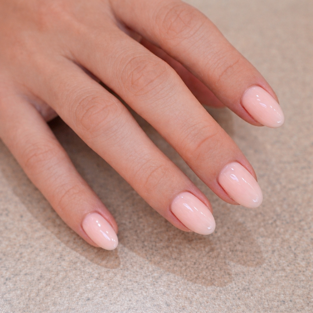 natural nude BIAB nails short almond shape clean minimalist manicure