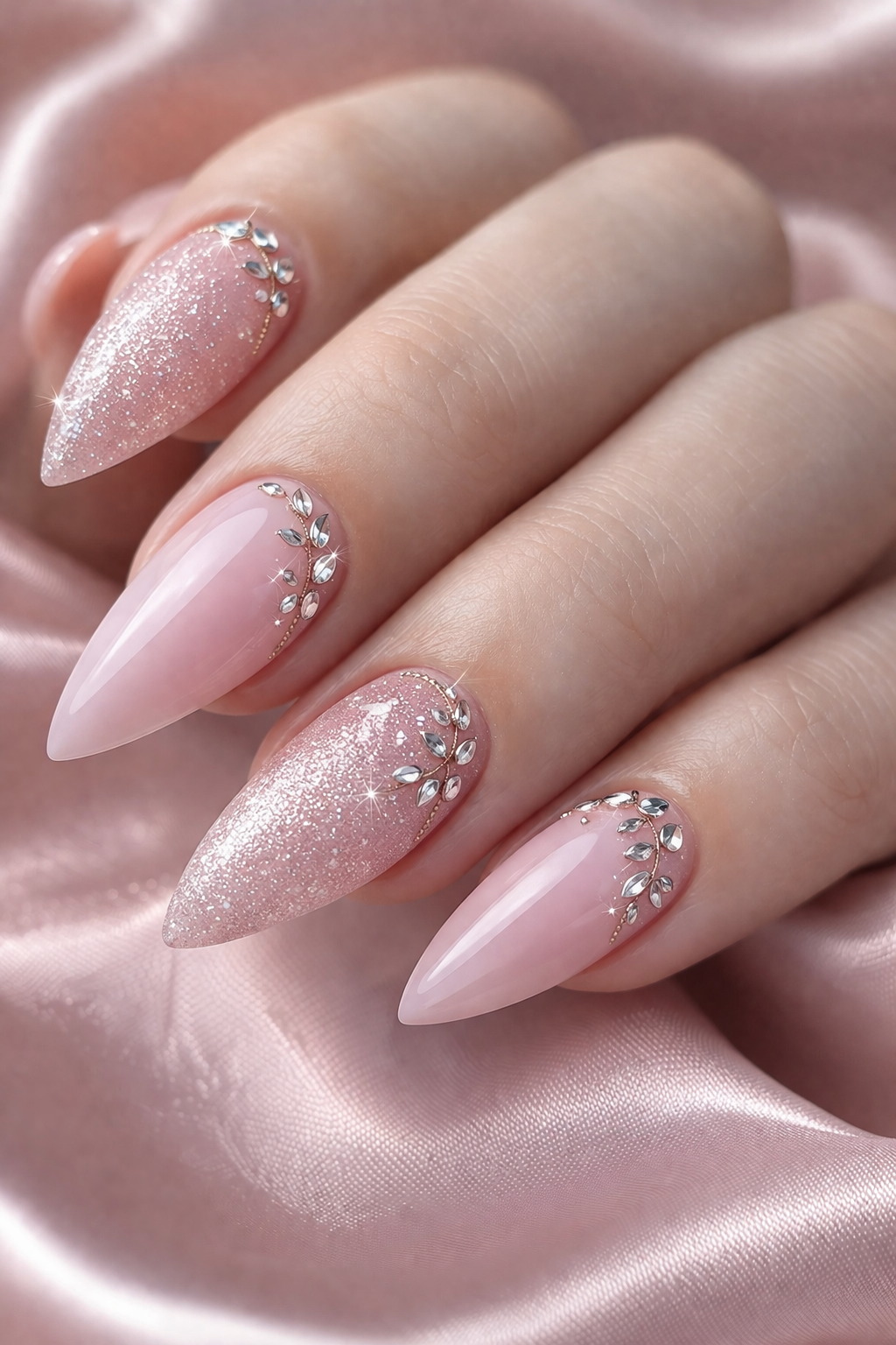 Chic Crystal Cluster Nails and Viral Glass Skin effect at Plush Nail Bar Houston. High-gloss nude with custom 3D rhinestone placement and optical illusion art on sleek almond nails