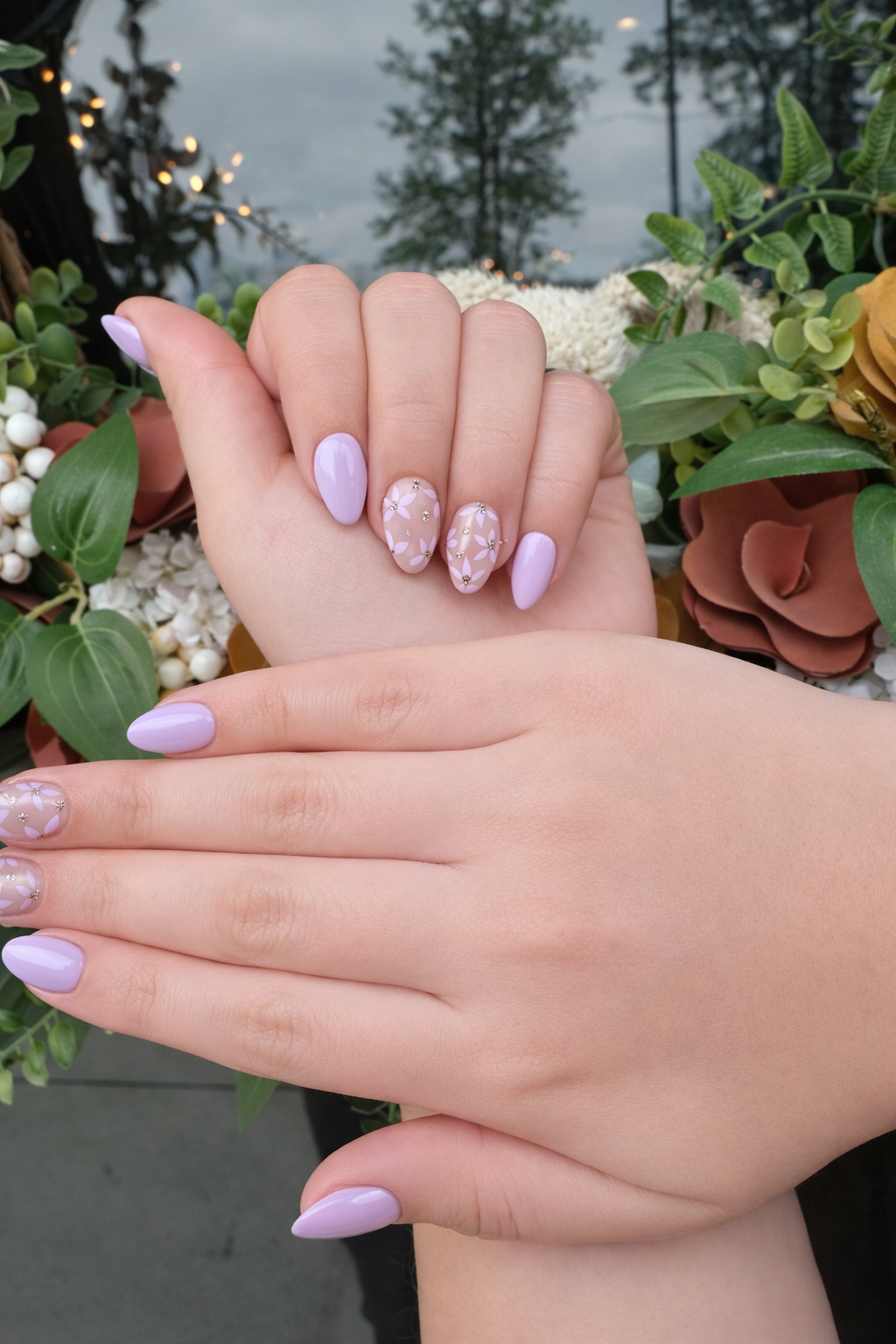 soft lavender spring nails with floral accent and glossy finish, cute easter nails design