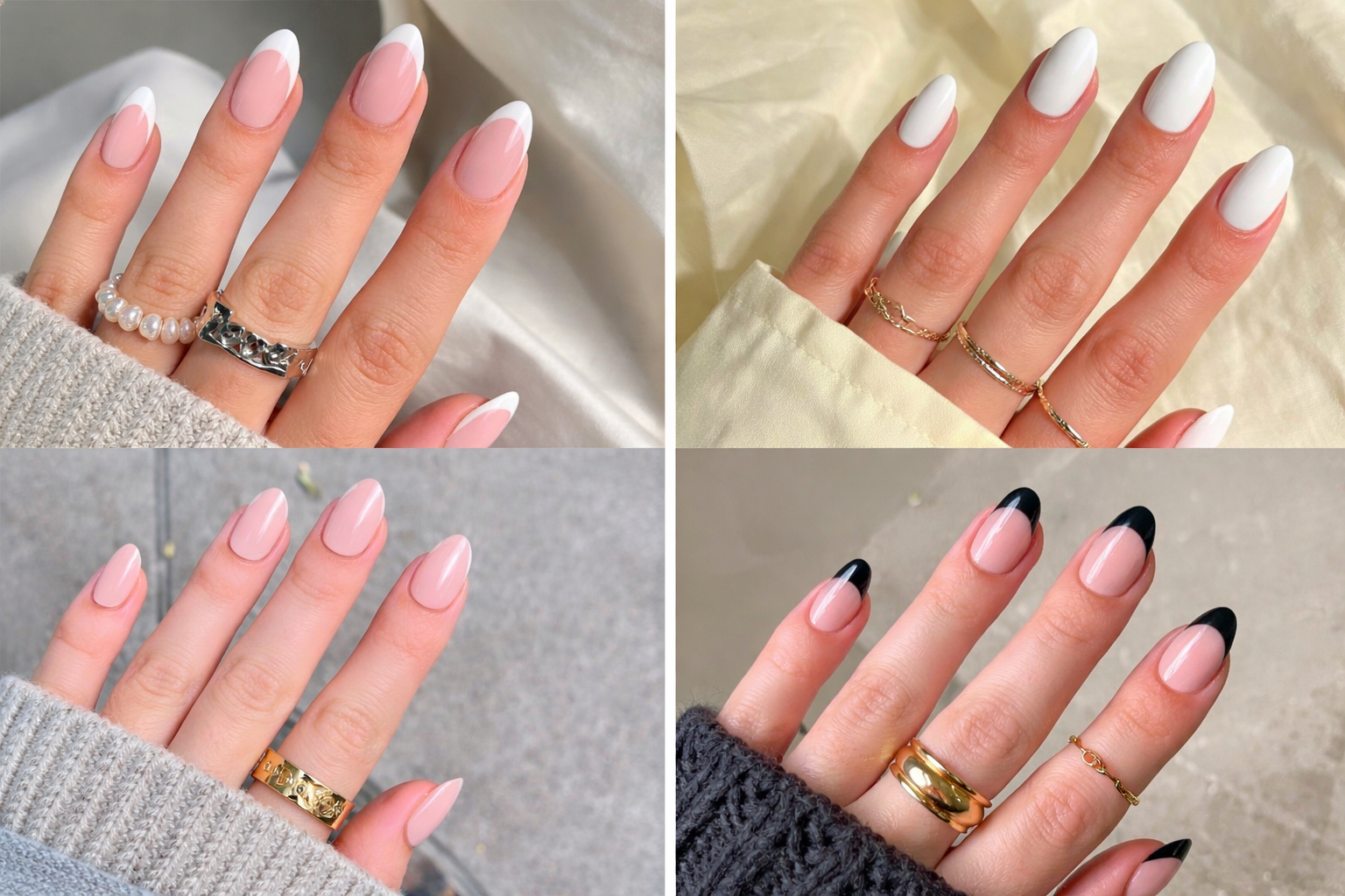 BIAB nails design ideas almond shape French tip nude and pink manicure collage