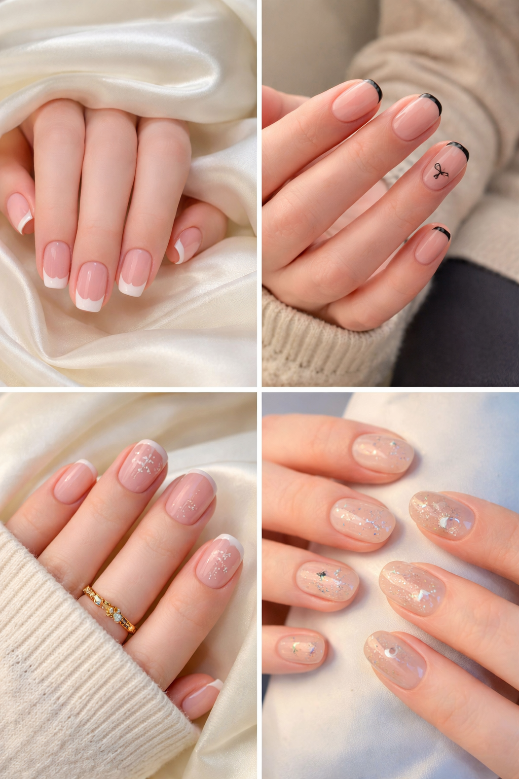 trendy BIAB nails French tip variations soft pink and black tip almond nails