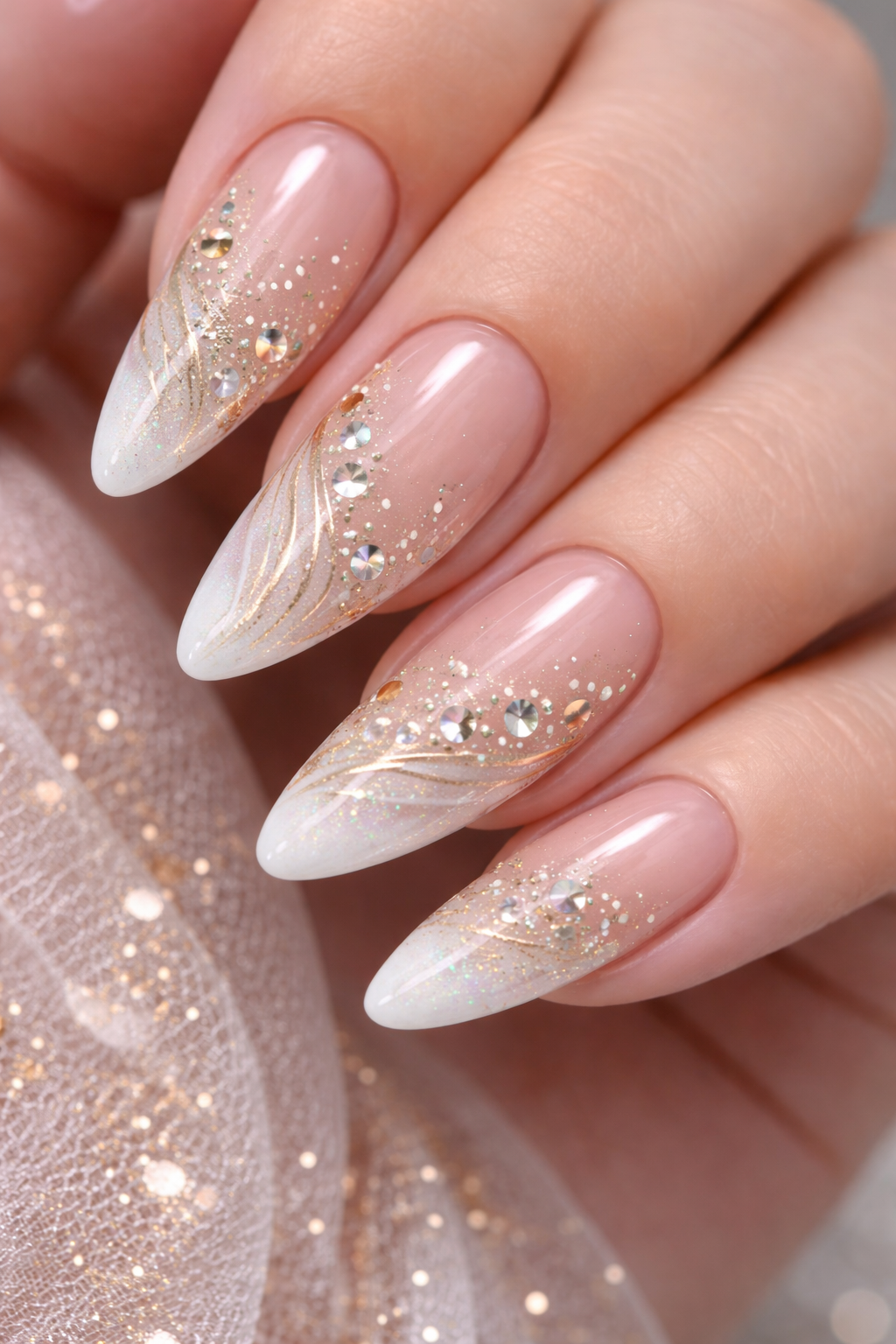 Elegant Pastel Crystal Nails with a soft ombre base and intricate micro-glitter dusting at Plush Nail Bar TX. A custom diamond-like sparkle on sleek coffin-shaped natural nails