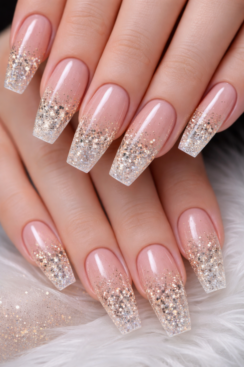 Chic Crystal Nails at Plush Nail Bar TX featuring a soft pastel ombre base with micro-glitter and fine silver crystal dusting on a natural nude coffin shape. Long-lasting event nails for Houston clients.
