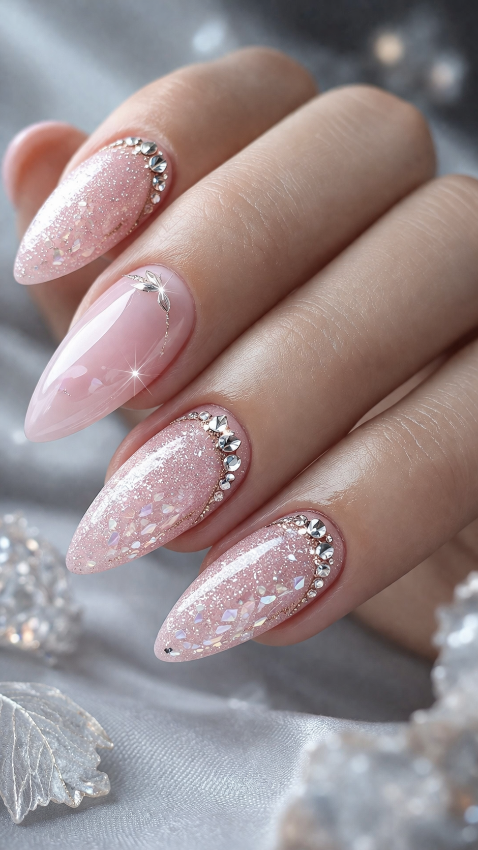 Viral Glass Skin effect and Reflective Crystal Nails at Plush Nail Bar Houston. High-gloss Aurora chrome layering with custom diamond-style rhinestone placement on sleek almond-shaped nails