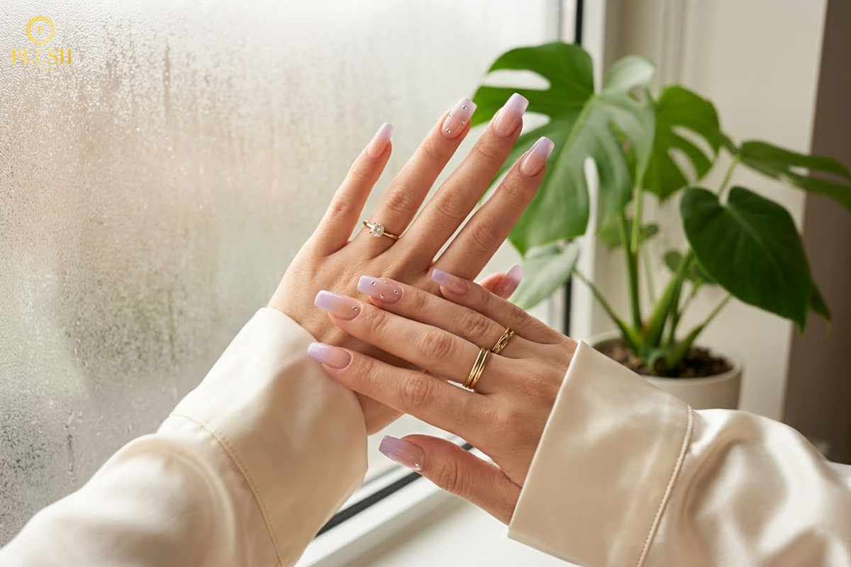 Pastel lavender Korean manicure with square-shaped nails and subtle embellishments, photographed near a window with natural light