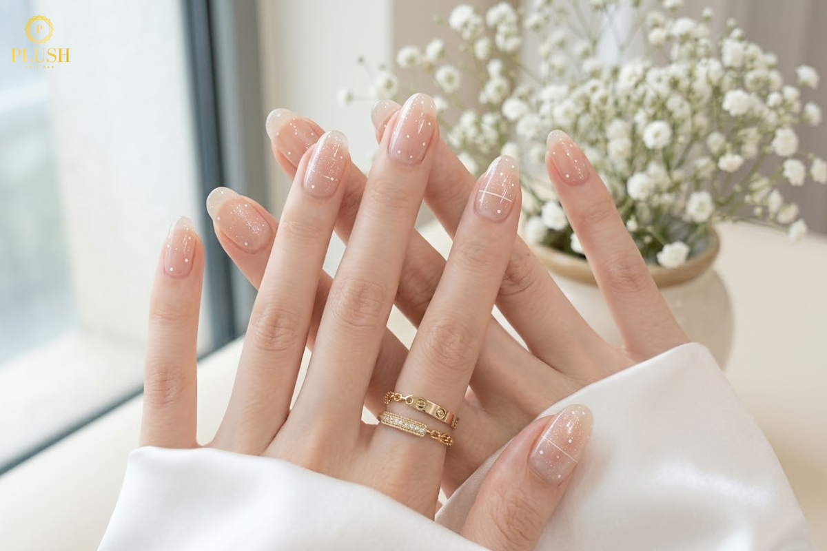 Minimalist Korean manicure with nude glossy nails and delicate white dot design, styled with gold rings in a soft aesthetic setting