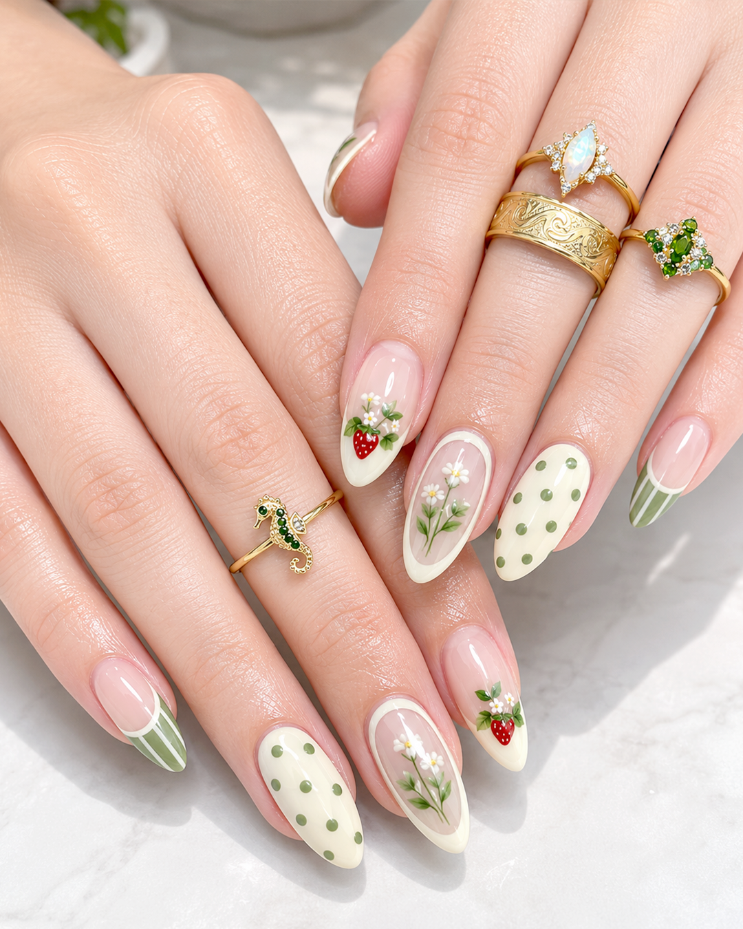 10 Matcha Nails Ideas for a Fresh, Elegant Green Manicure 4 Strawberry matcha French nails with green tips, cream polka dots, and tiny strawberry accents.
