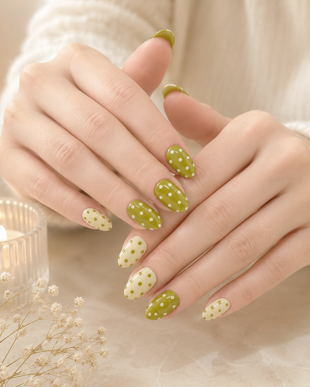 10 Matcha Nails Ideas for a Fresh, Elegant Green Manicure 10 Matcha green and cream almond nails with delicate white polka dot nail art.