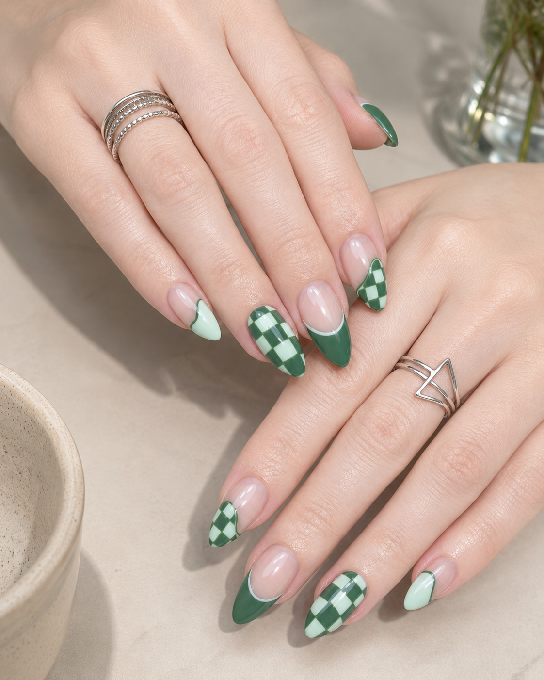 10 Matcha Nails Ideas for a Fresh, Elegant Green Manicure 9 Matcha green checkerboard nails with French tips and mint accent designs.