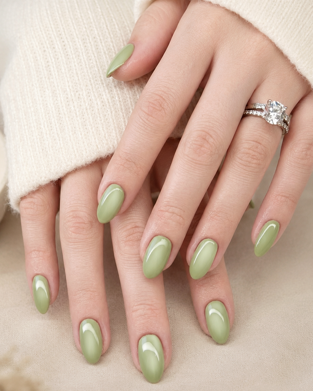 10 Matcha Nails Ideas for a Fresh, Elegant Green Manicure 5 Soft matcha latte almond nails with a subtle aura glow and glossy finish.