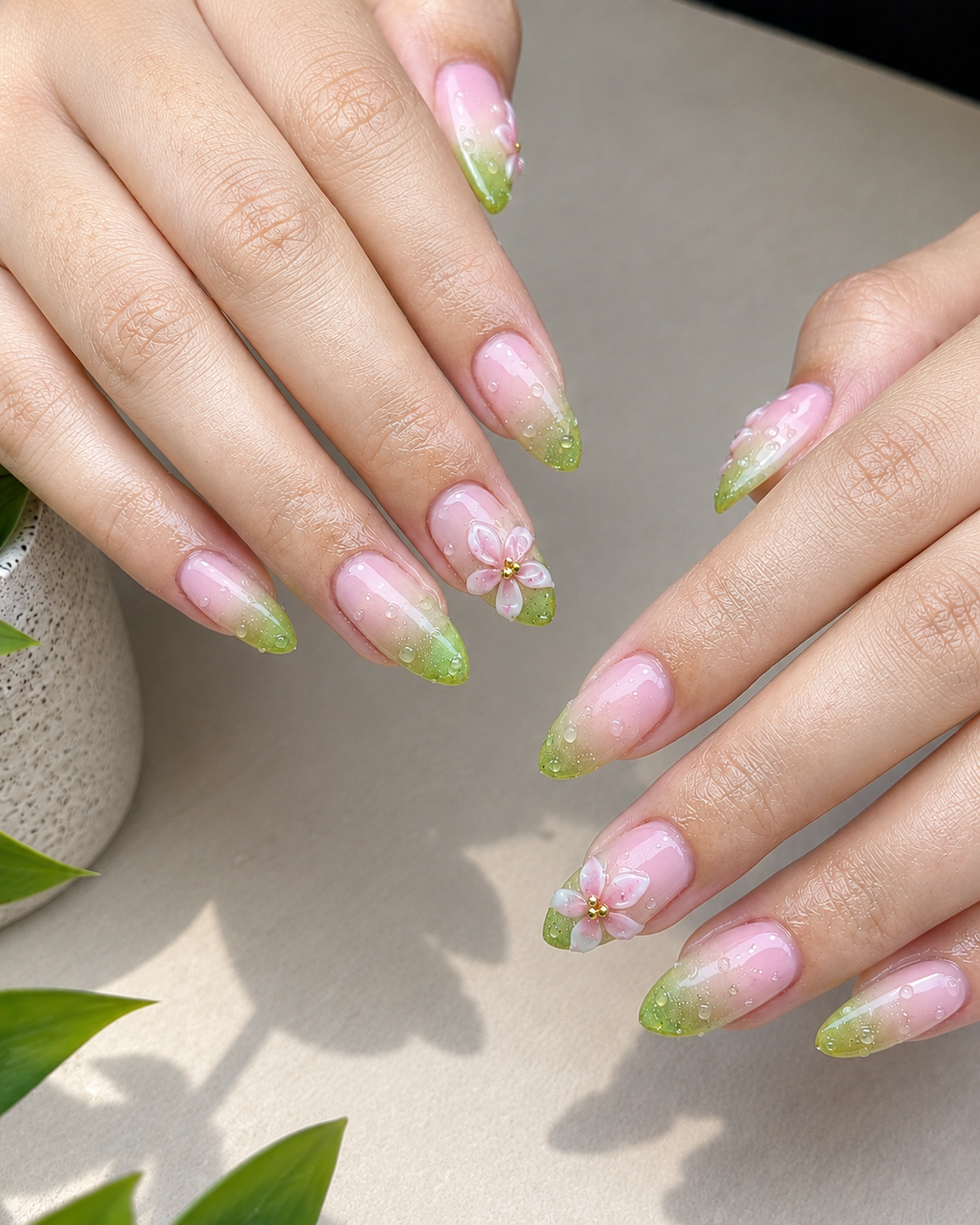 10 Matcha Nails Ideas for a Fresh, Elegant Green Manicure 8 Floral matcha French nails with sheer pink base, green tips, and daisy accents.