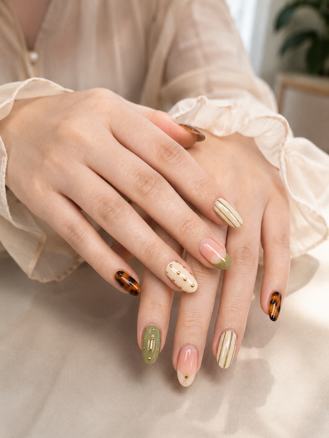10 Matcha Nails Ideas for a Fresh, Elegant Green Manicure 7 Neutral matcha botanical nails with cream, nude, stripe, and tortoise-inspired accents.