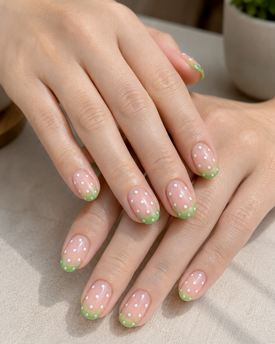 10 Matcha Nails Ideas for a Fresh, Elegant Green Manicure 6 Sheer nude nails with soft matcha French tips and delicate white dot accents.