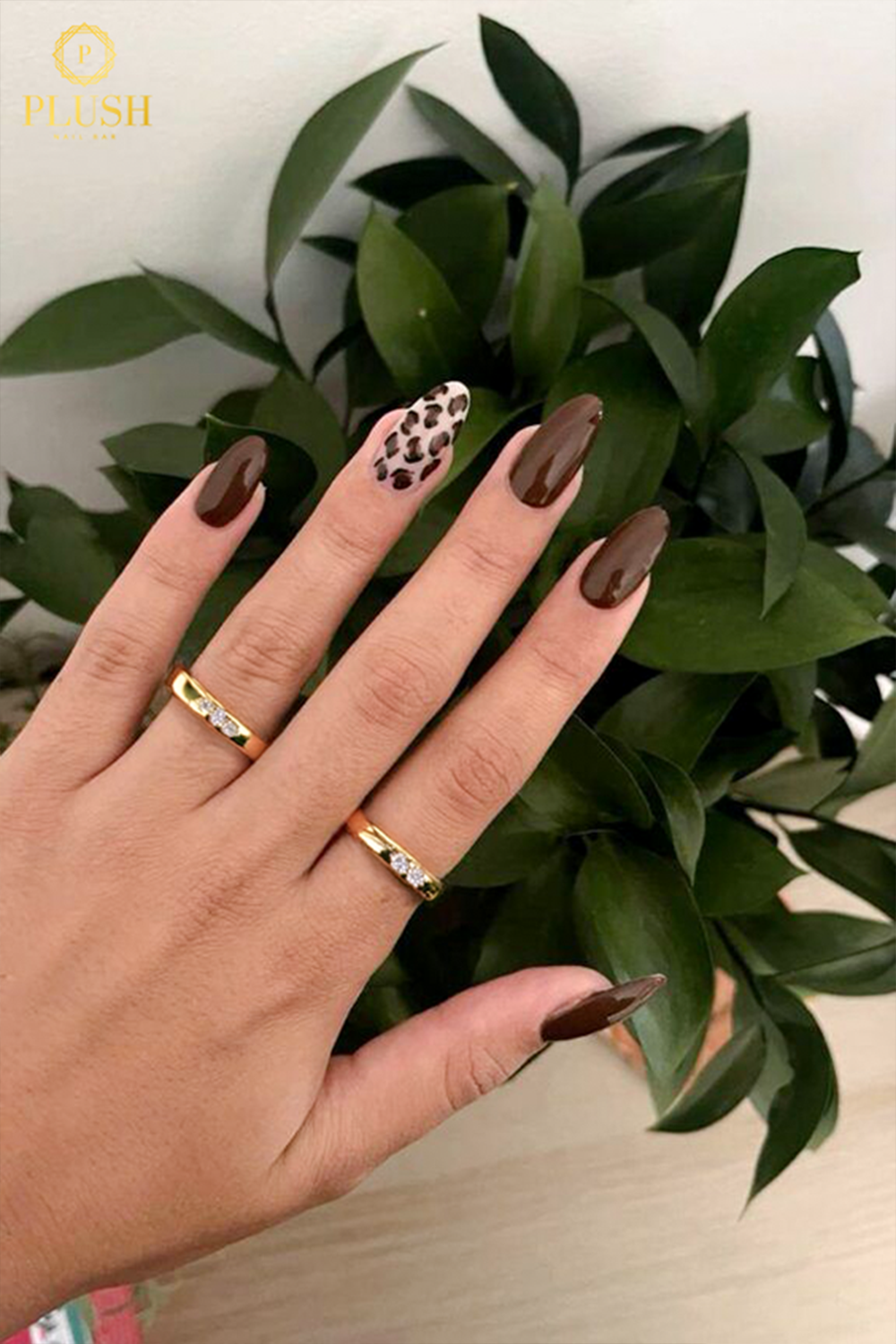 10+ Brown Nail Ideas for a Chic Autumn Look 7 Dark brown glossy nails with leopard print accent nail on ring finger, stylish and bold.