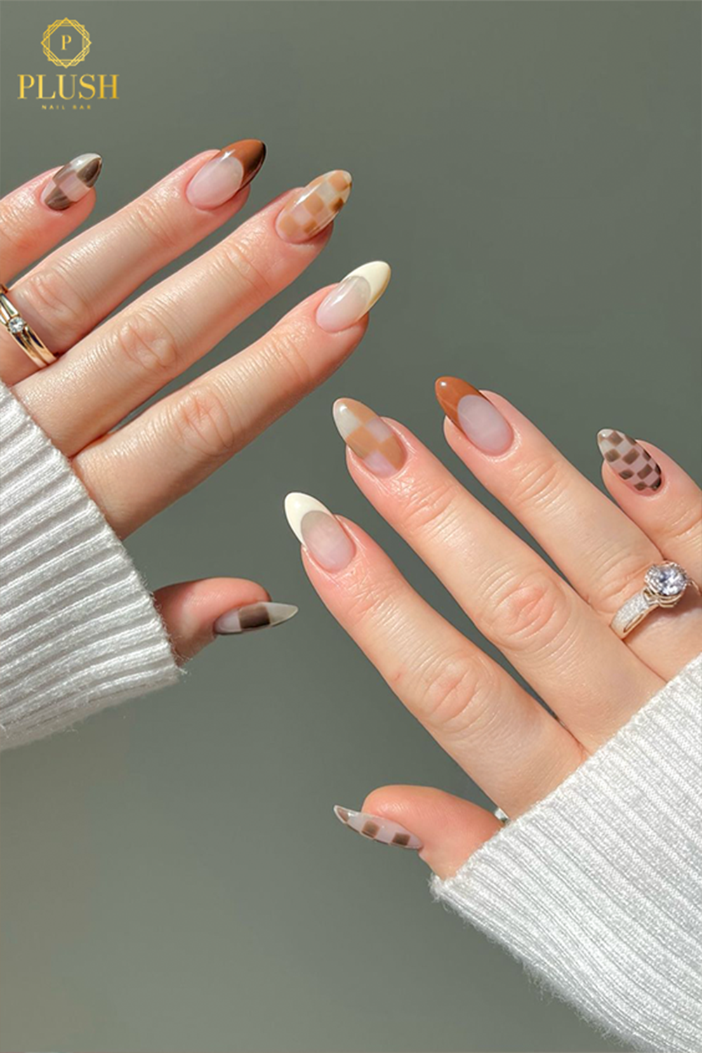 10+ Brown Nail Ideas for a Chic Autumn Look 3 Neutral-toned fall nails with plaid and checkerboard patterns in brown, tan, and ivory shades.
