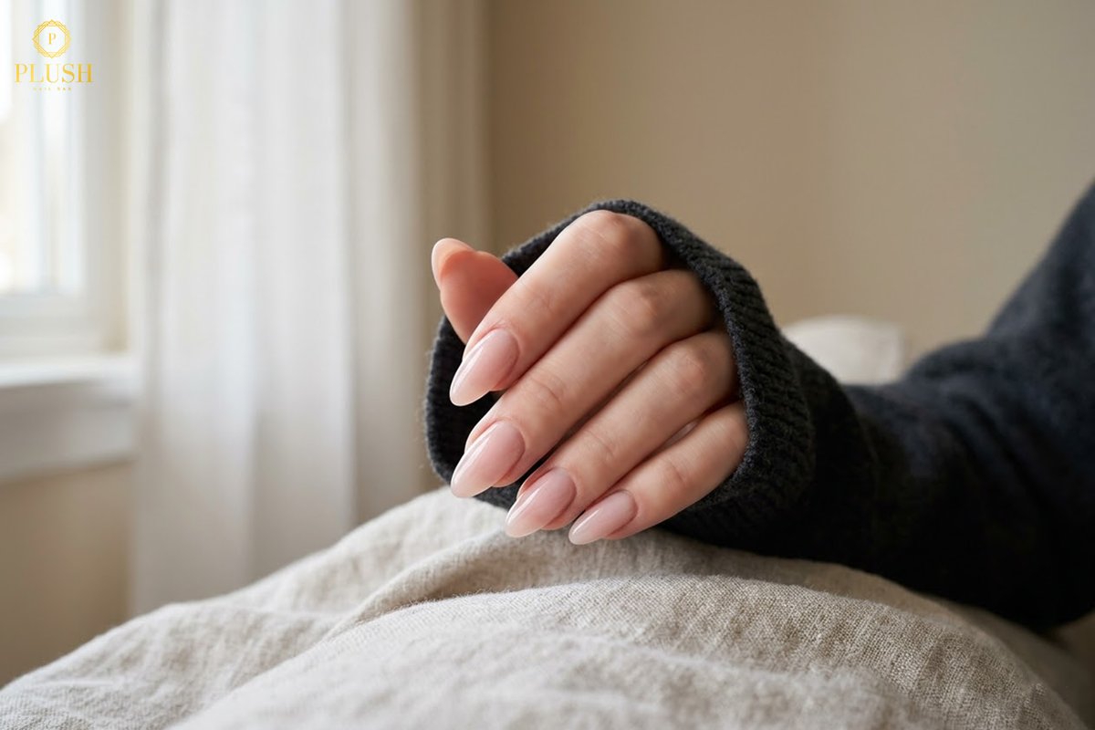 Russian Manicure Secrets – 7 Powerful Reasons to Choose Plush Nail Bar Today 1 Elegant nude almond-shaped nails with flawless RUSSIAN MANICURE finish at Plush Nail Bar
