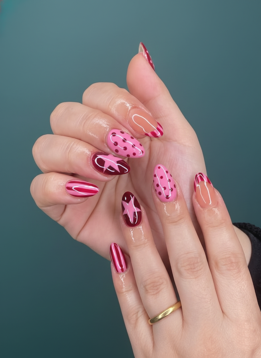 Playful pink valentine nails with polka dots and abstract heart designs at Plush Nail Bar
