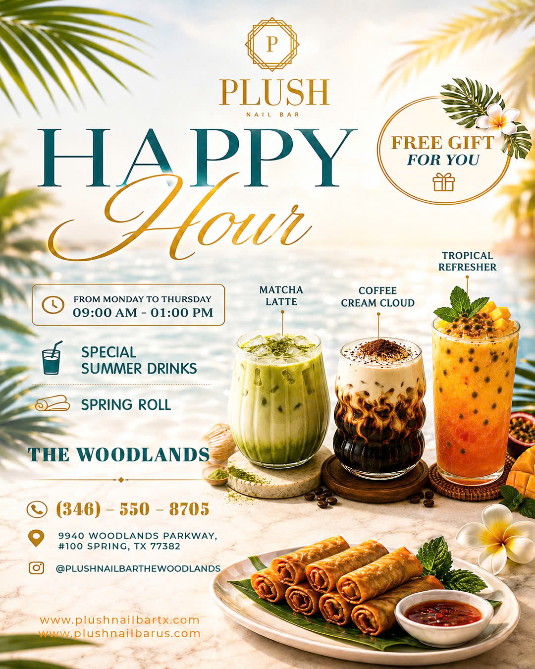 Happy Hour at Plush Nail Bar The Woodlands | Free Summer Drinks & Spring Rolls