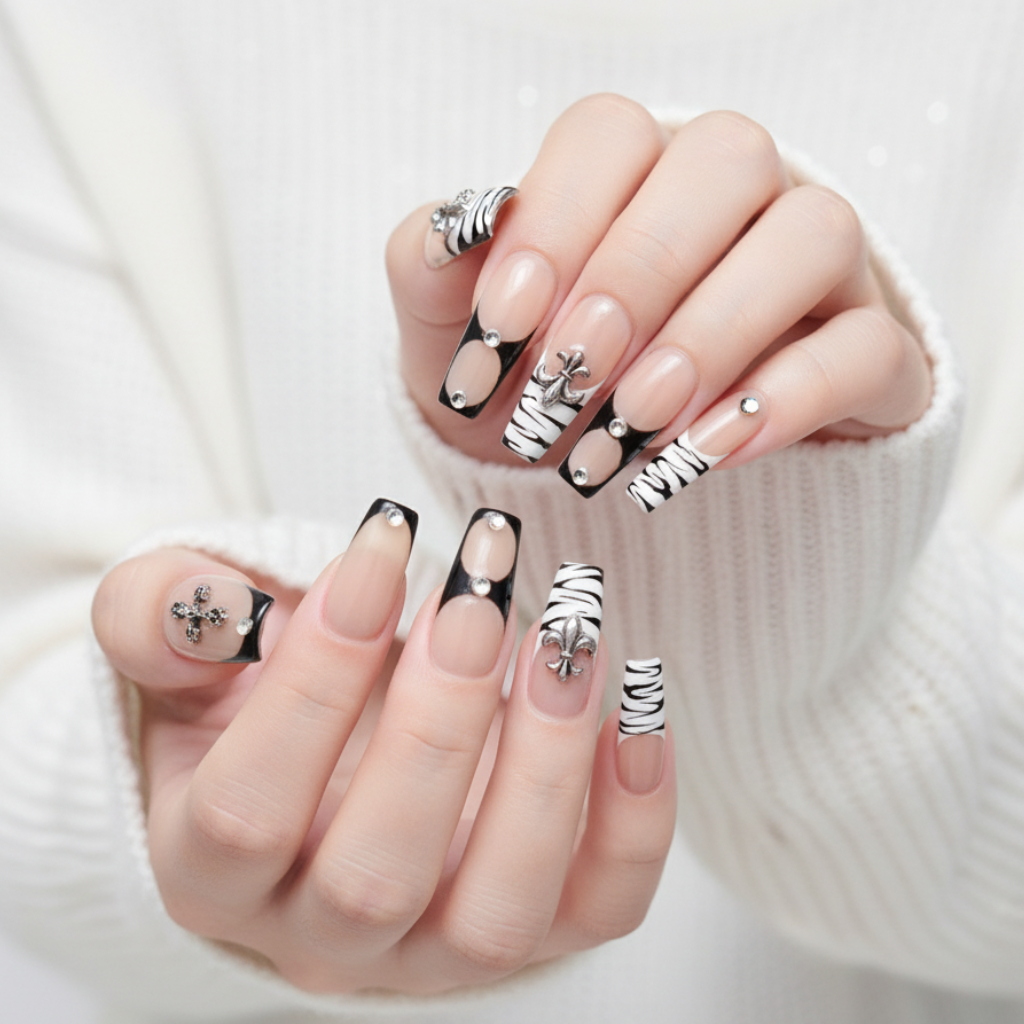 Halloween nails combining black French tips with zebra print and crystal embellishments