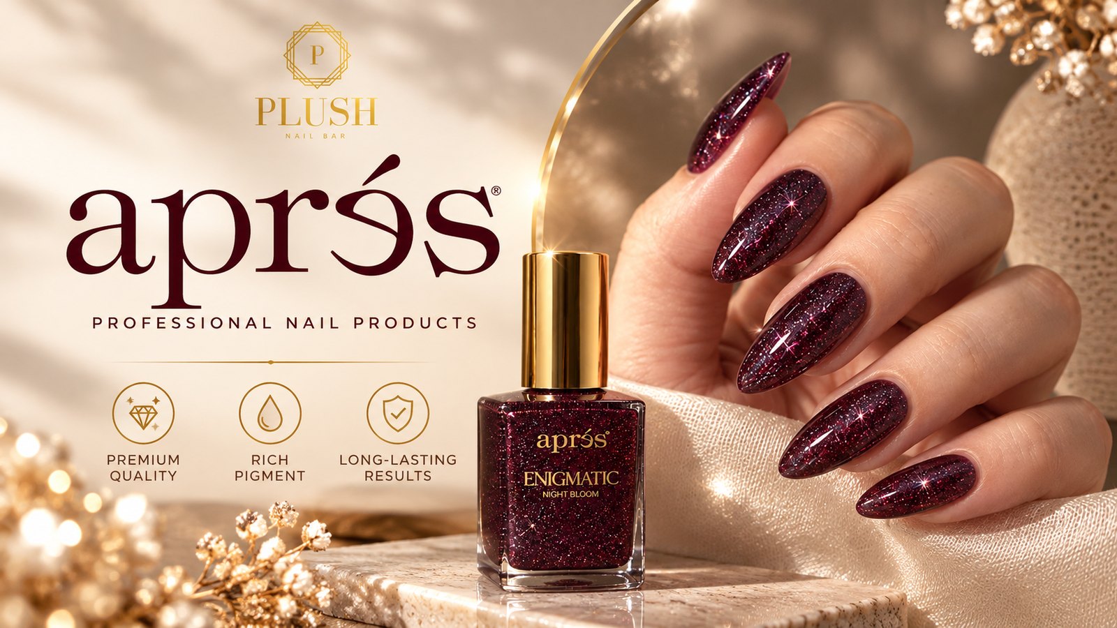 HEMA-free gel manicure in Apres Enigmatic Night Bloom plum glitter on almond nails, Plush Nail Bar banner