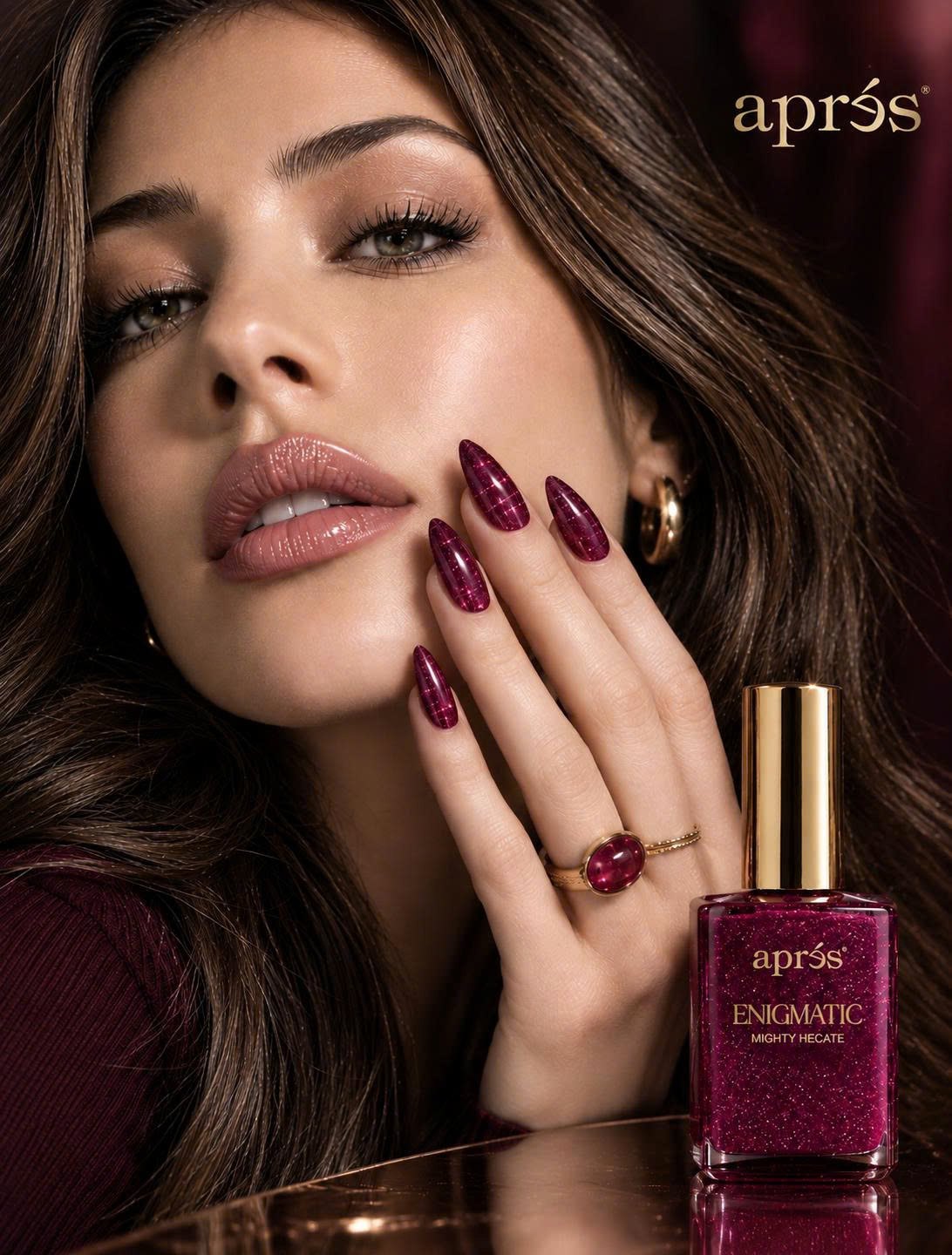 HEMA-Free Gel Manicure: Meet the Apres Upgrade at Plush Nail Bar 5 Berry purple glitter stiletto nails in Apres Enigmatic Mighty Hecate with a gold ring