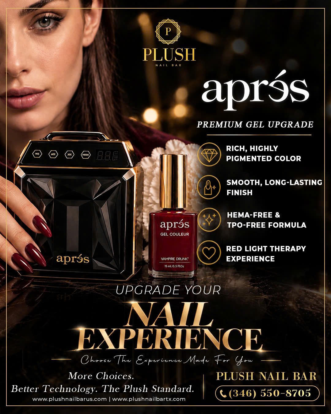HEMA-Free Gel Manicure: Meet the Apres Upgrade at Plush Nail Bar 1 Plush Nail Bar Apres premium gel upgrade poster with LED lamp and Vampire Drunk red gel polish