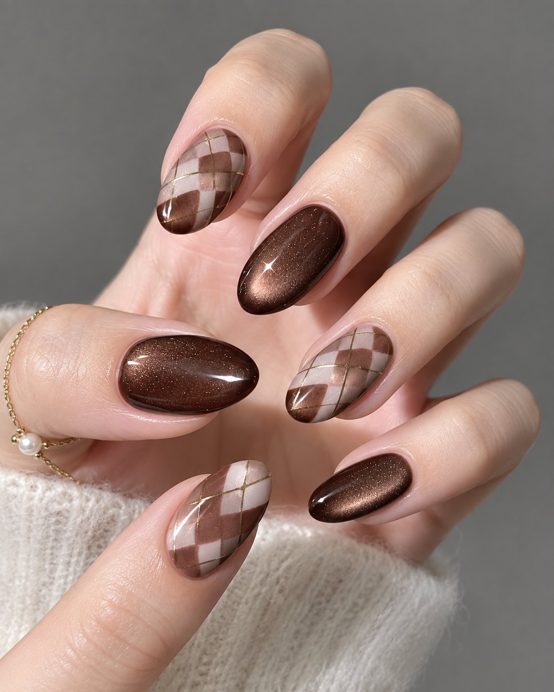Plaid Nails Bring Sweater Weather Straight to Your Hands 5 Mocha argyle nails with gold lines beside espresso cat eye shimmer nails