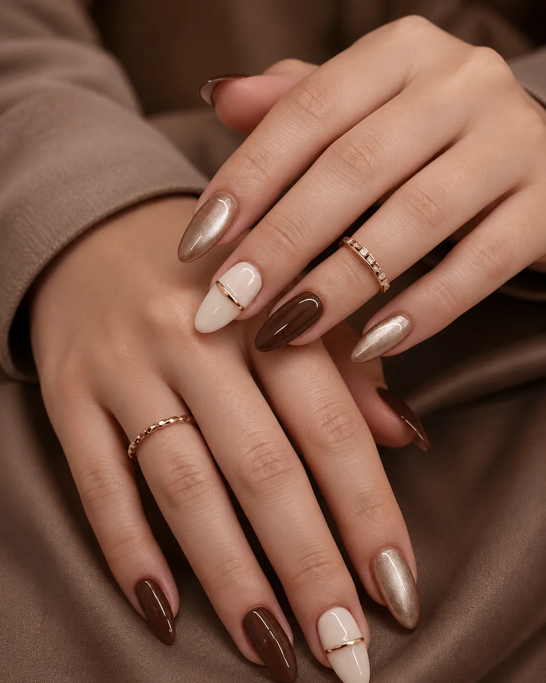 8 Ways to Wear Brown Nails This Season in Houston 1 Manicured hands with brown, cream, and gold nail polish and gold rings
