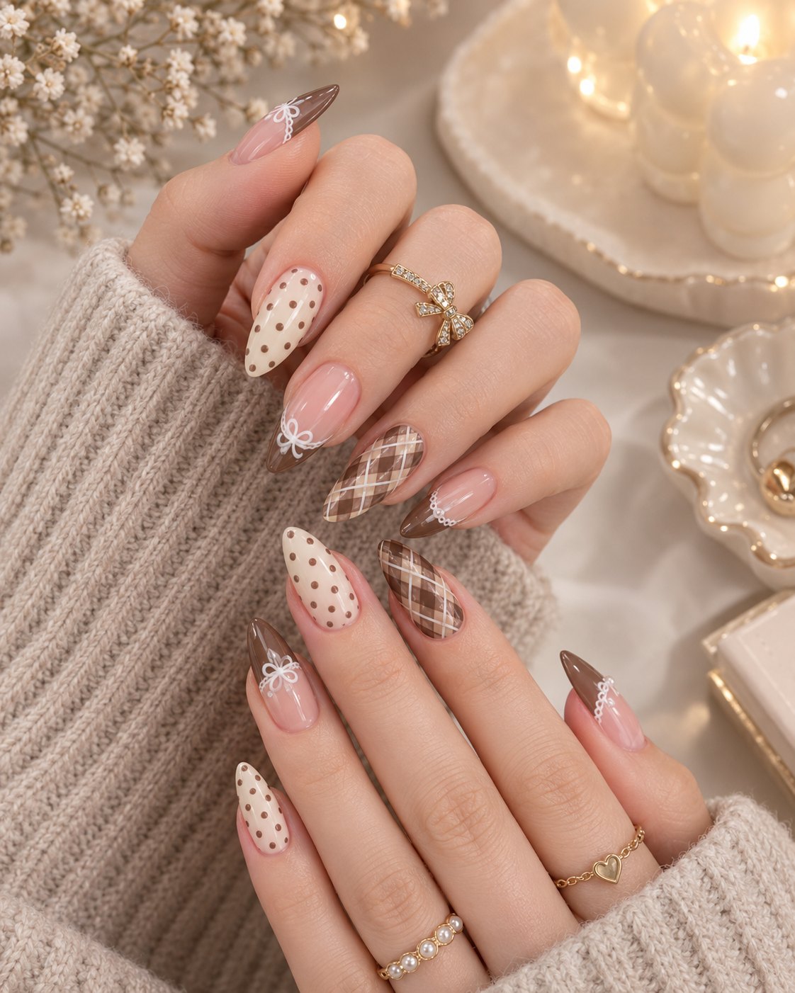 Plaid Nails Bring Sweater Weather Straight to Your Hands 10 Brown and cream plaid nails with white bows, polka dots and lace French tips
