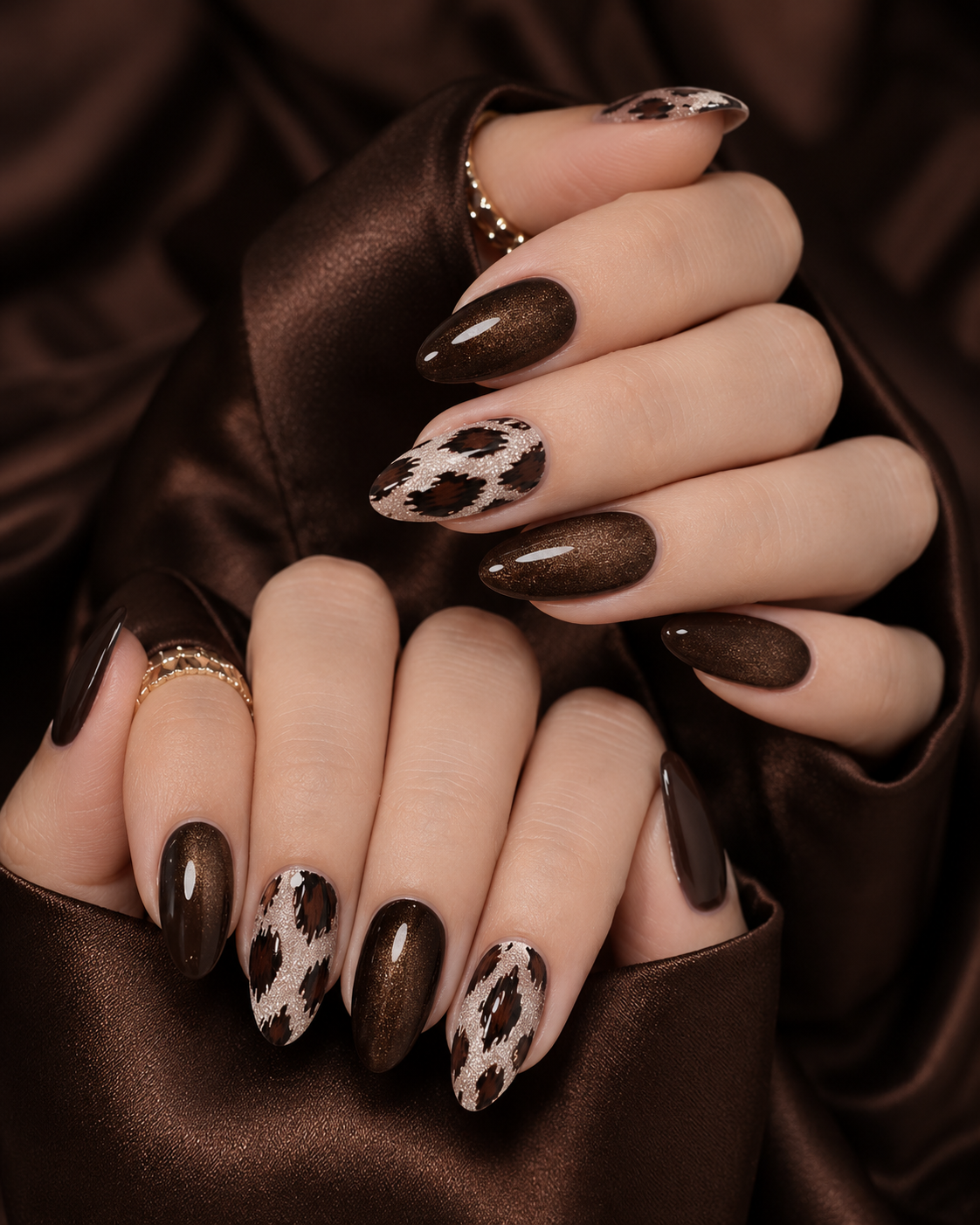 Brown almond-shaped nails with leopard print accents and gold rings on brown satin